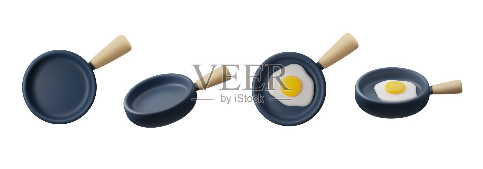 一套煎锅，里面有炒鸡蛋，空的3D风格插画图片素材