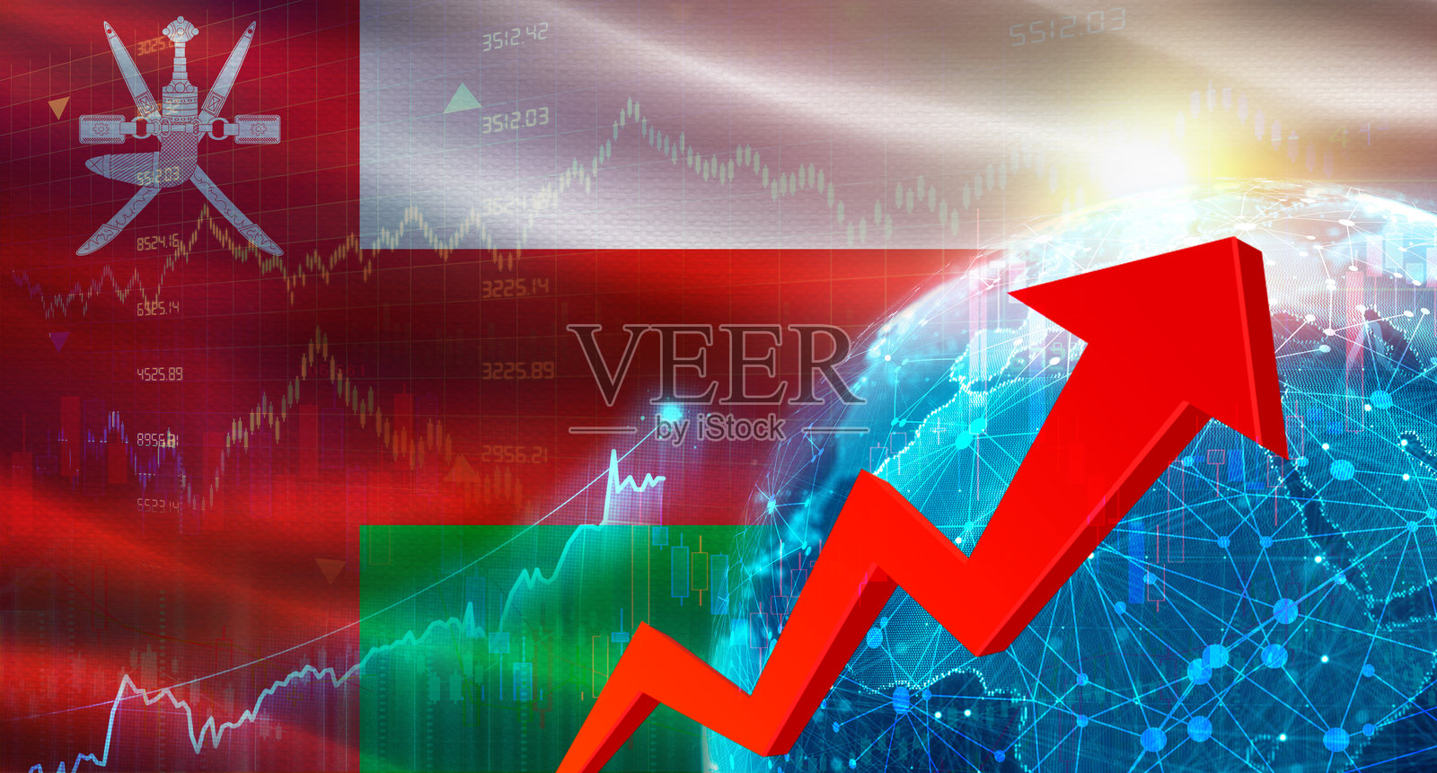 全球金融增长与马尔代夫国旗。经济背景下的马尔代夫国旗与金融增长。照片摄影图片