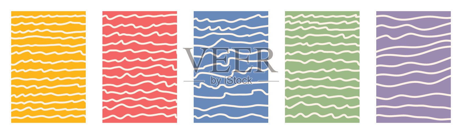 色彩丰富的儿童涂鸦矢量背景集，带有波浪涟漪线条。时尚的极简迷宫形状。弯曲扭曲的手绘抽象有机曲线。复古夏季流动透明效果。插画图片素材