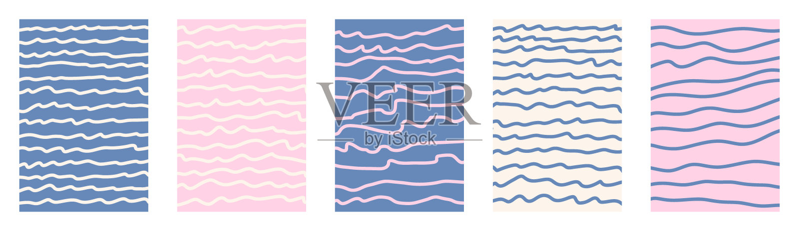 蓝色粉色矢量涂鸦背景集，带有波浪状手绘流动线条。儿童风格的有趣有机形状。俏皮的不规则曲线条纹图案。透明背景上的有趣抽象涡卷波浪艺术。插画图片素材