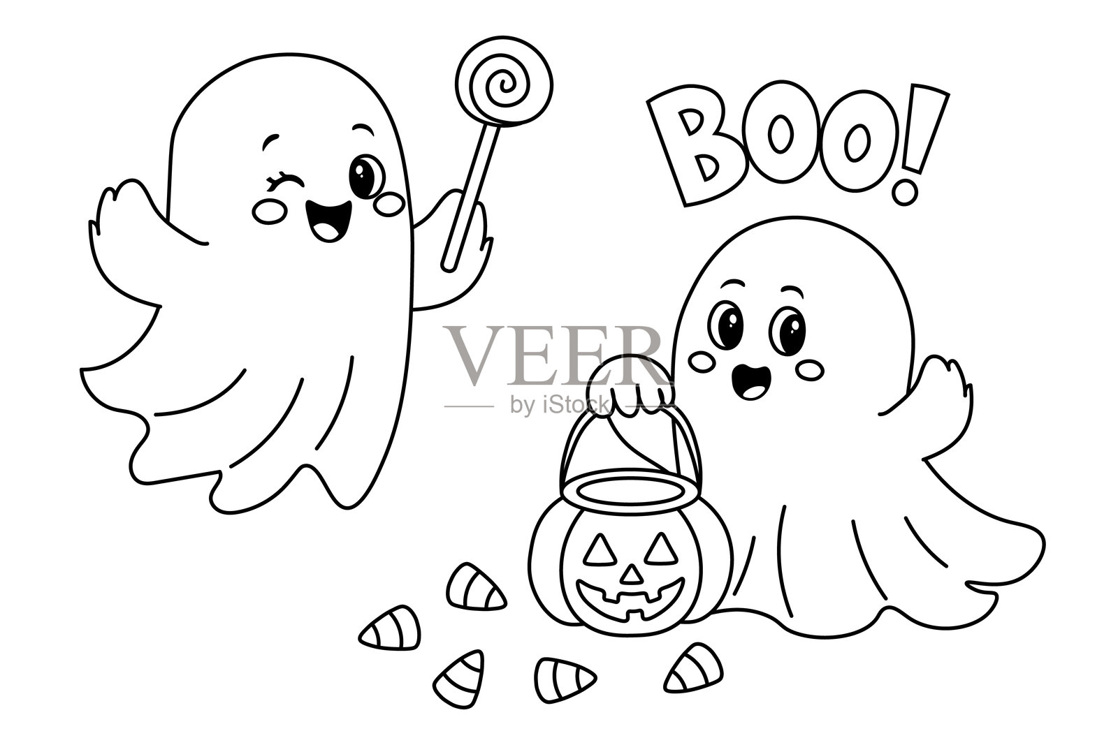 可爱的鬼魂万圣节涂色页。两个可爱鬼魂与糖果和南瓜篮的有趣矢量插图。非常适合万圣节涂色书或儿童活动。插画图片素材