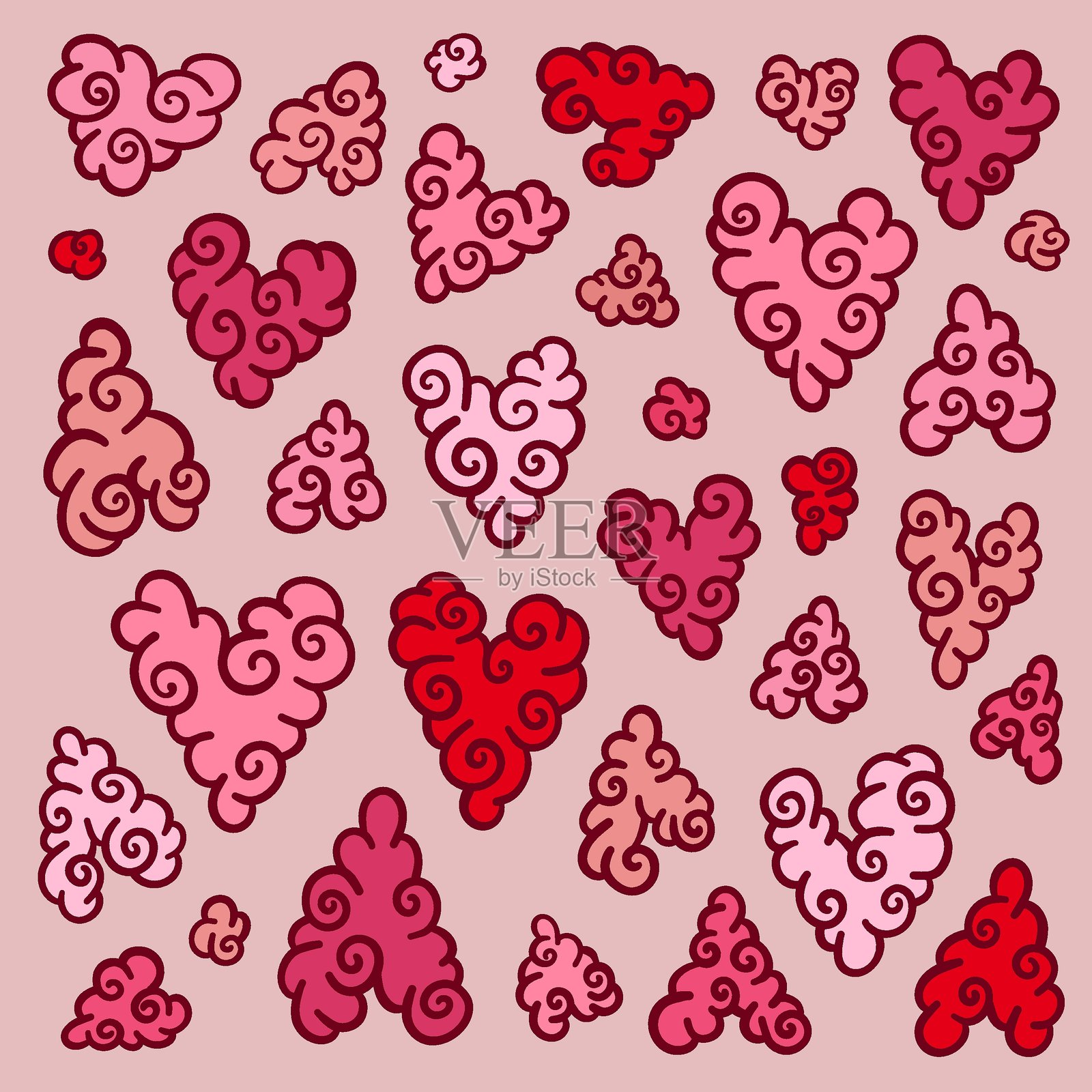 充满幻想的手绘亚洲风格心形矢量图集，带有粉色和红色的漩涡插画图片素材