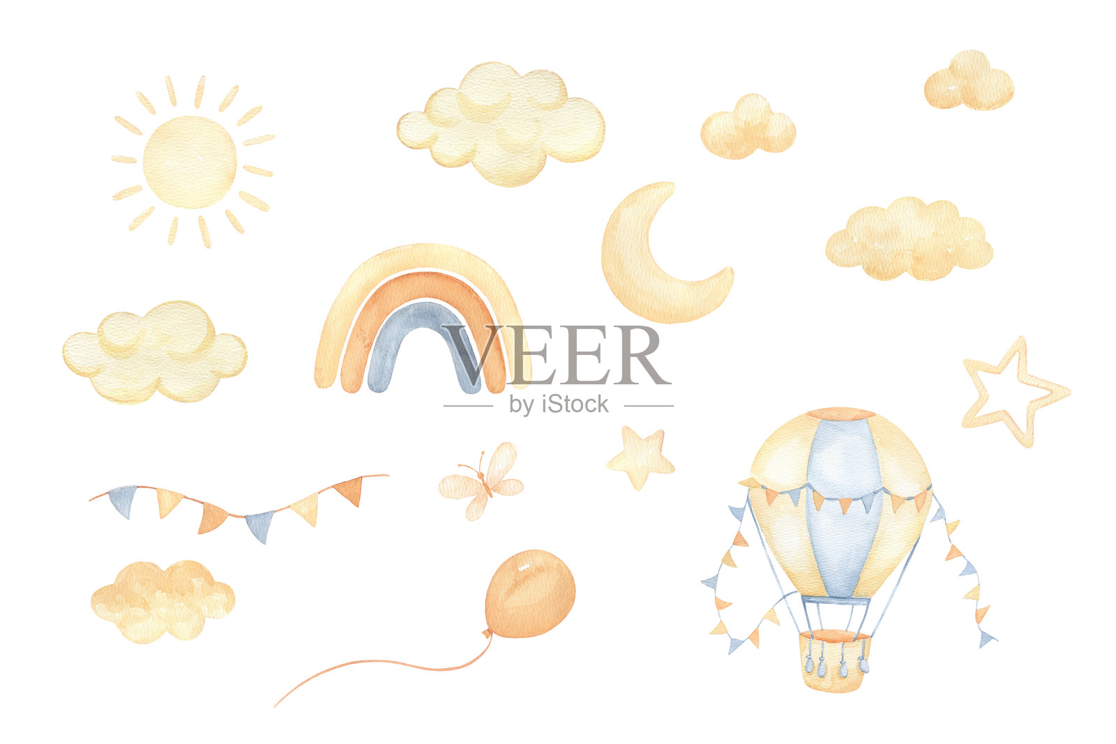 水彩热气球，悬挂着旗帜花环，彩虹和月亮。手绘的儿童插图，包含可爱的云朵、太阳和星星。插画图片素材