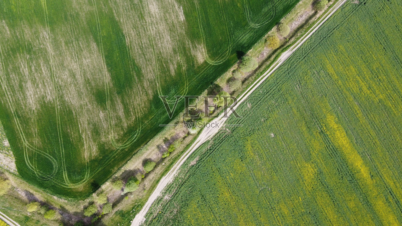 废弃的改良运河旁的土路。农业用地，鸟瞰图。照片摄影图片
