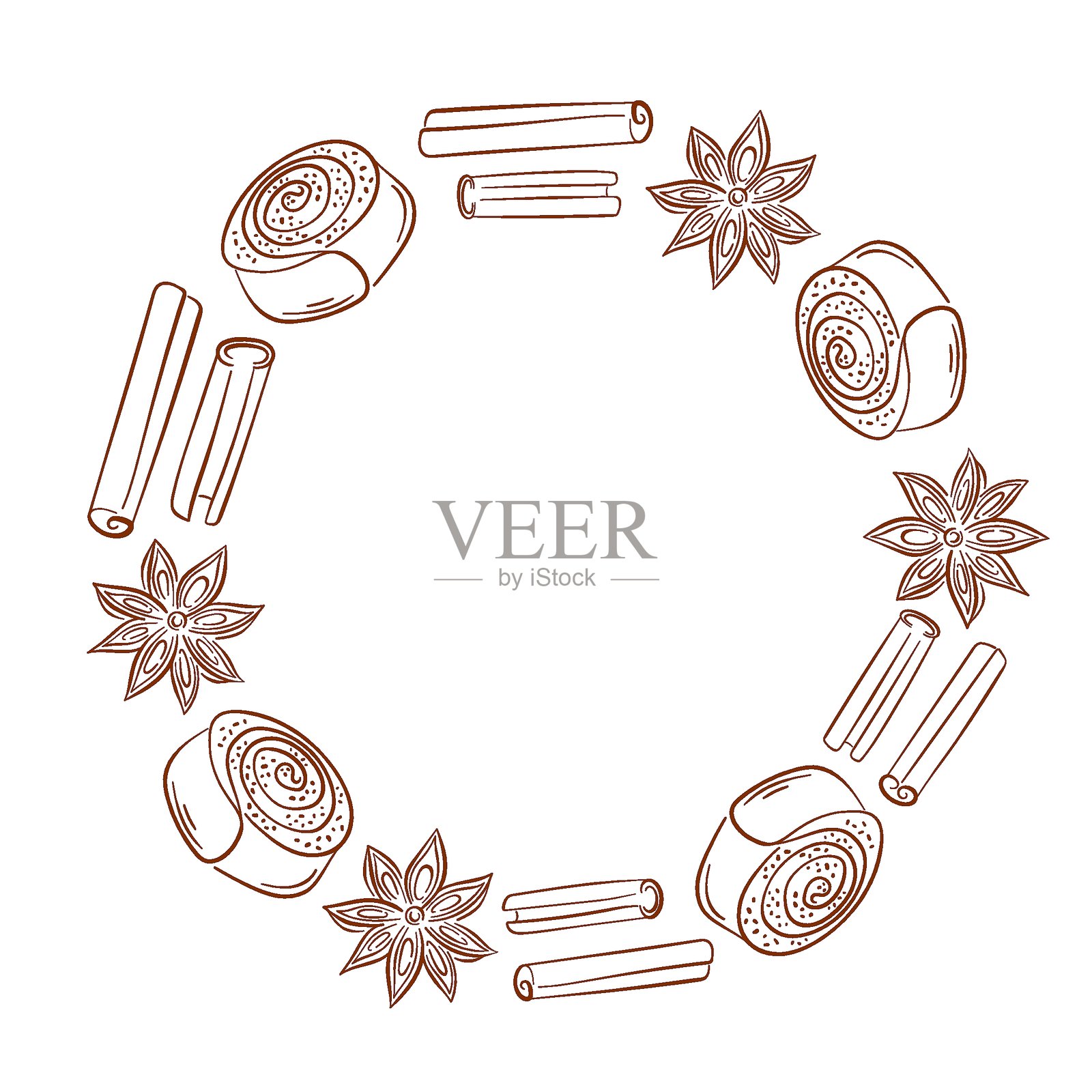 由线条艺术风格的肉桂卷、肉桂棒和八角茴香香料组成的圆形框架边框，白色背景中间留有空白空间供您设计。插画图片素材