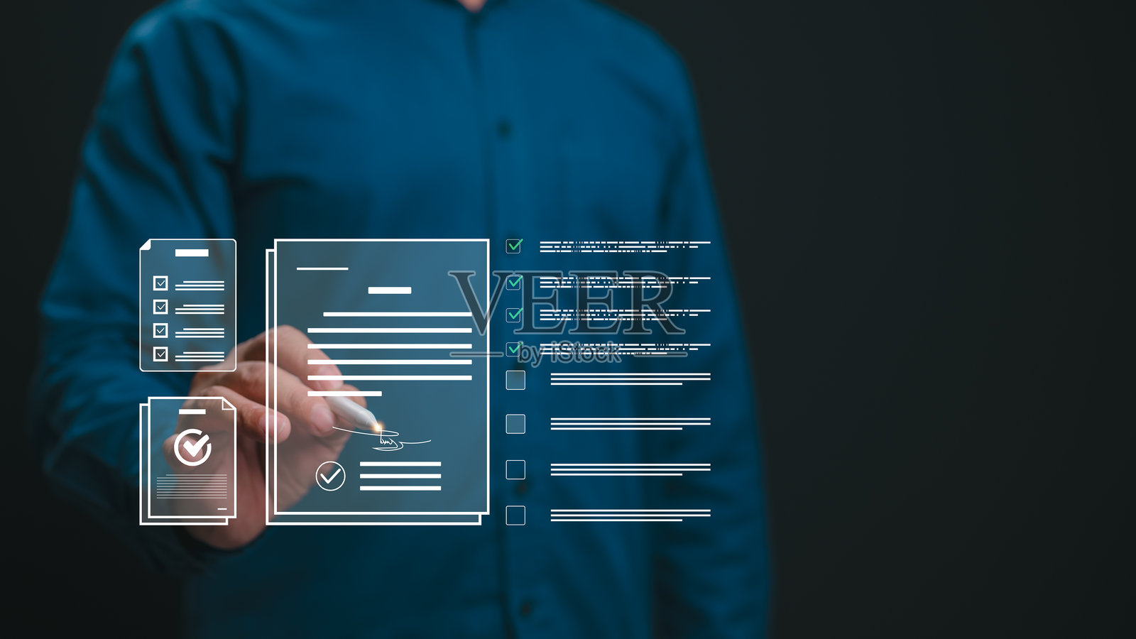 商务专业人士签署数字合同。男子与虚拟文档管理系统互动。安全的在线审批流程。现代技术简化法律协议。高效的电子化。照片摄影图片