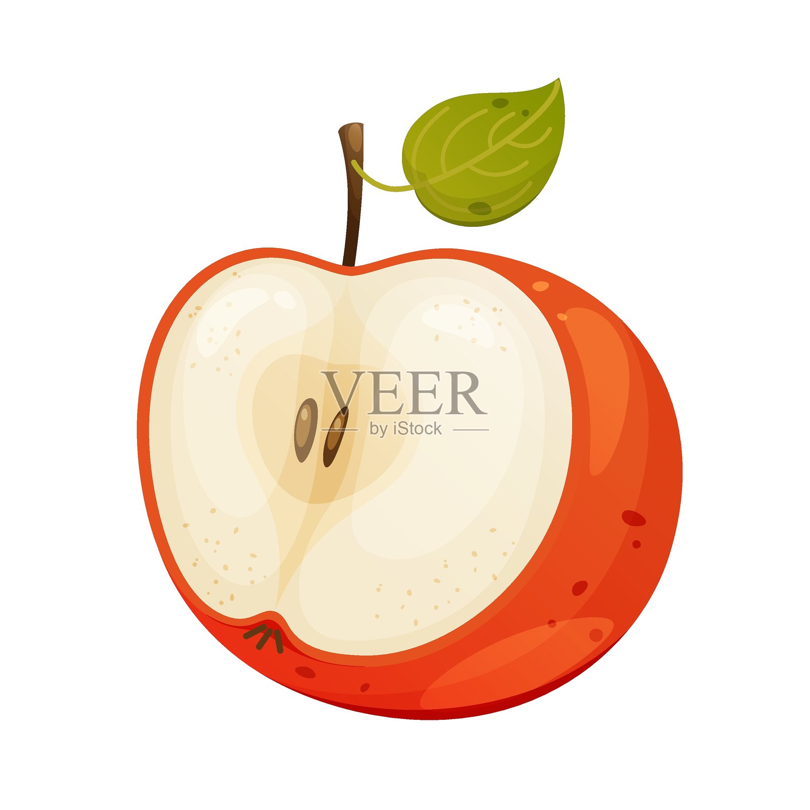 一半成熟的红苹果，带有一片叶子。白色背景上的矢量插图。插画图片素材
