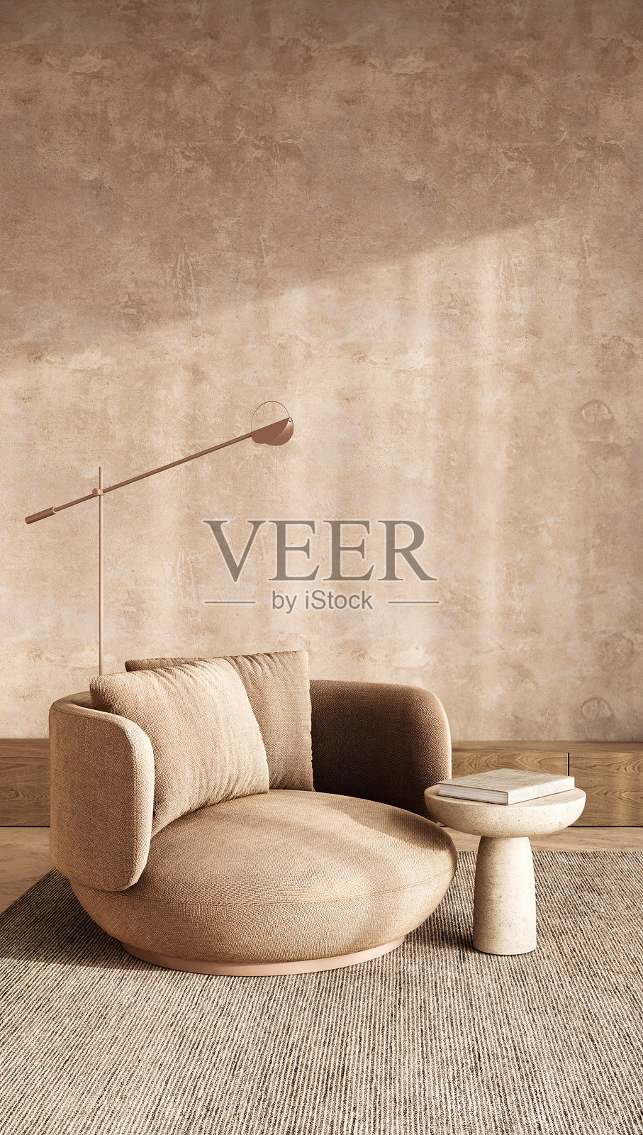 现代波西米亚斯堪的纳维亚风格的居住空间，配有舒适的扶手椅和独特的落地灯，3D渲染图照片摄影图片