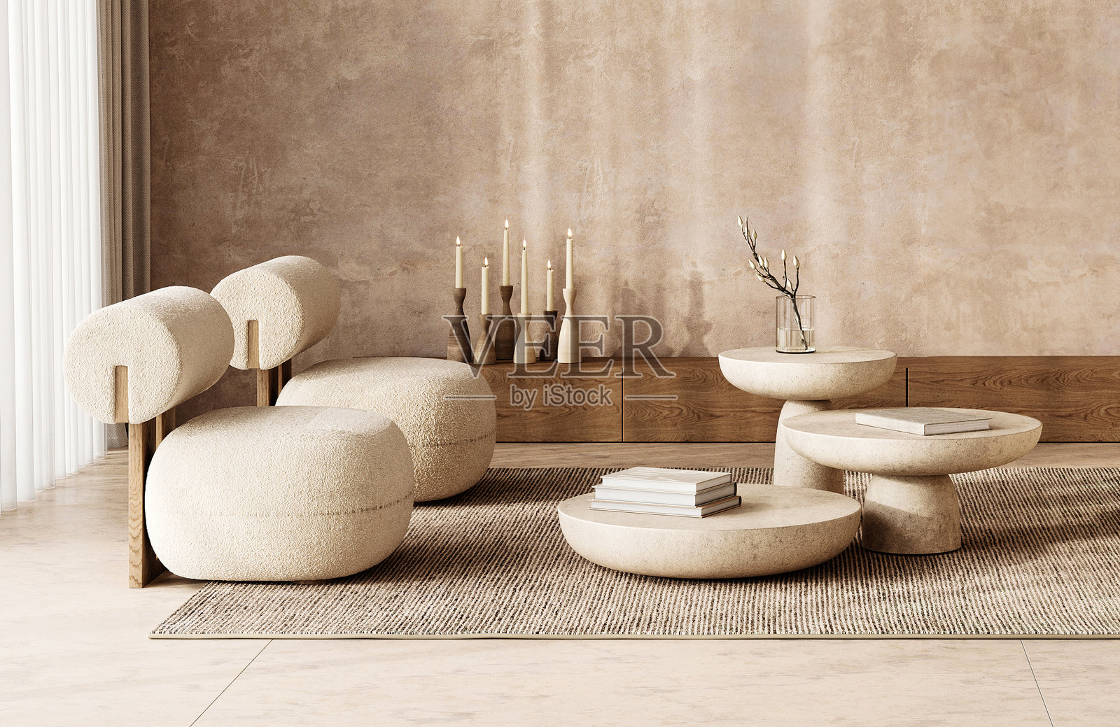 舒适的波西米亚斯堪的纳维亚风格阅读角落，配有独特的椅子和圆形石桌，3D渲染图照片摄影图片