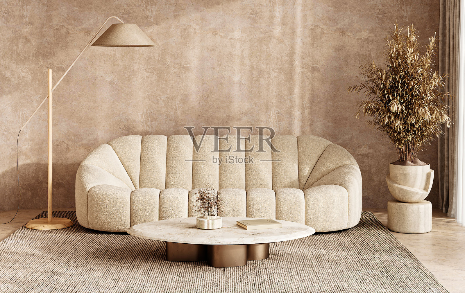 优雅的米色客厅，配有豪华沙发和大理石咖啡桌，采用波西米亚斯堪的纳维亚风格，3D渲染图照片摄影图片