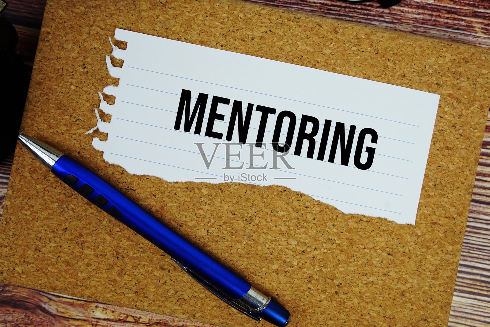 木质背景上，纸张撕裂的笔记本上写着“指导”字样的俯视图照片摄影图片