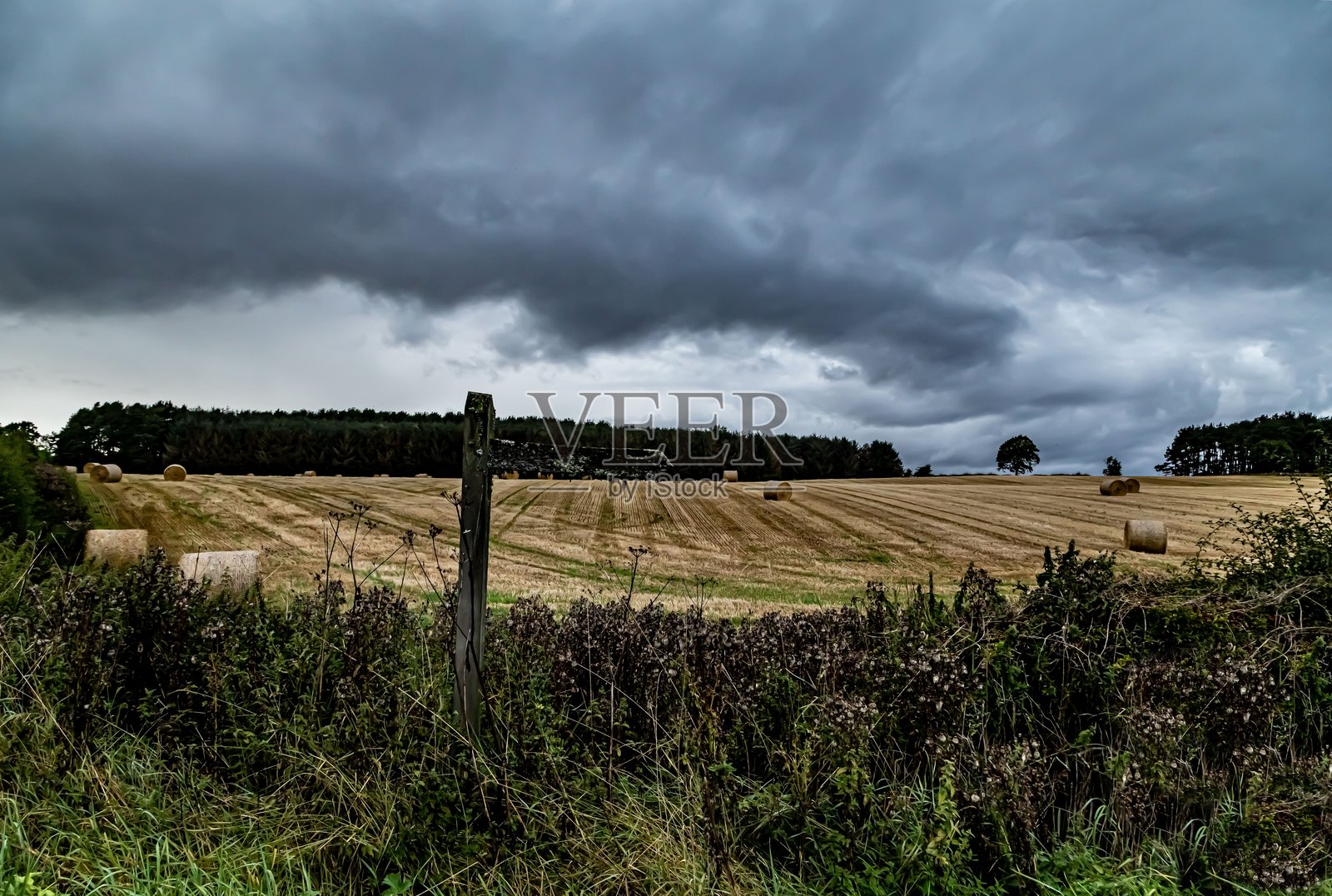 雷暴云在干草田上空旋转。照片摄影图片