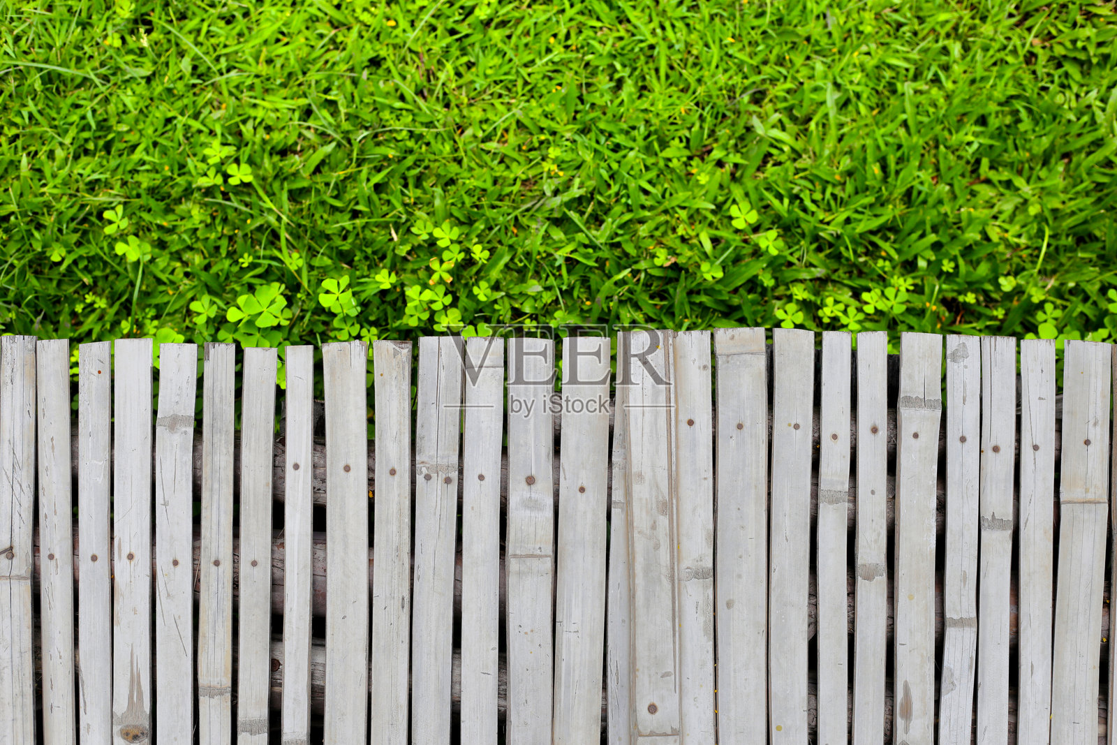竹制步道与绿色草地背景。照片摄影图片