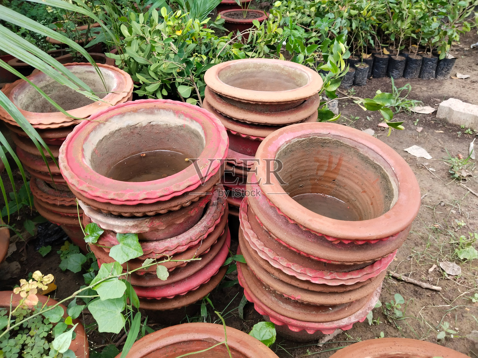 堆叠的红色陶土花园盆栽排列在苗圃中；空的陶土容器用于户外园艺、景观美化和家庭装饰，周围环绕着郁郁葱葱的植物和绿叶。照片摄影图片
