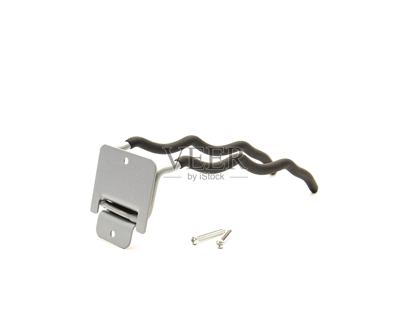 带有橡胶涂层挂钩和安装螺丝的壁挂工具架，背景为白色，未装箱。适合用于DIY指南、车库整理或产品列表的准备安装视图。照片摄影图片