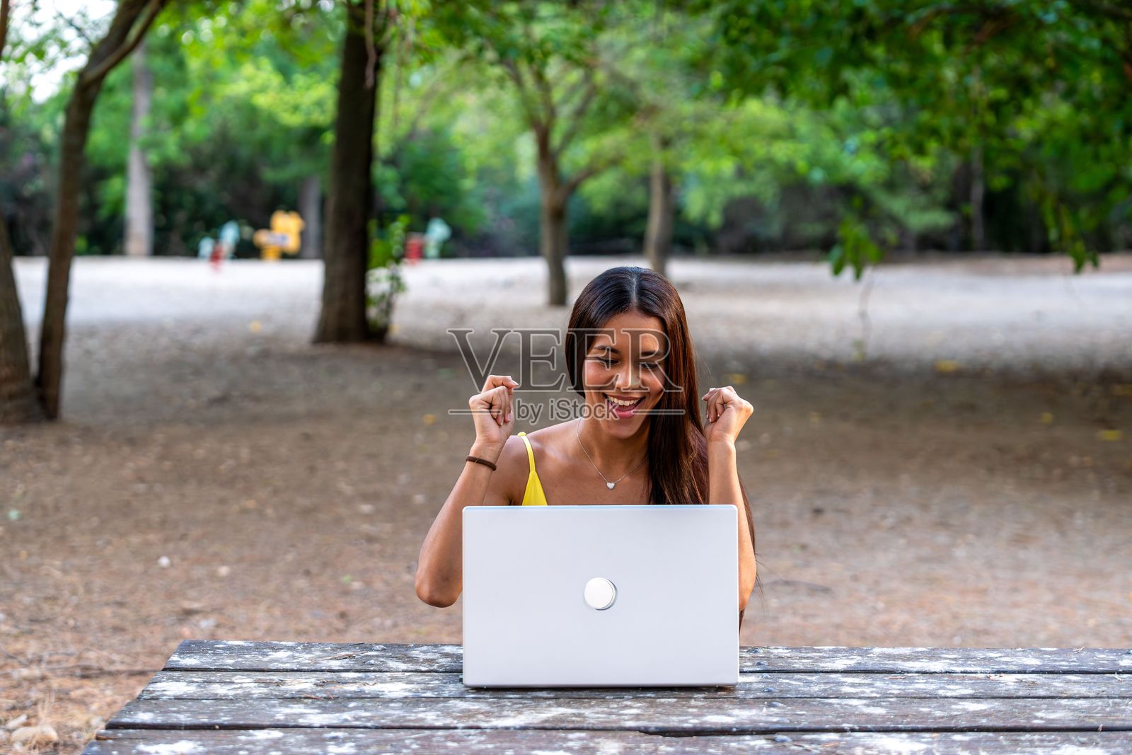 兴奋的女性在公园里使用笔记本电脑照片摄影图片