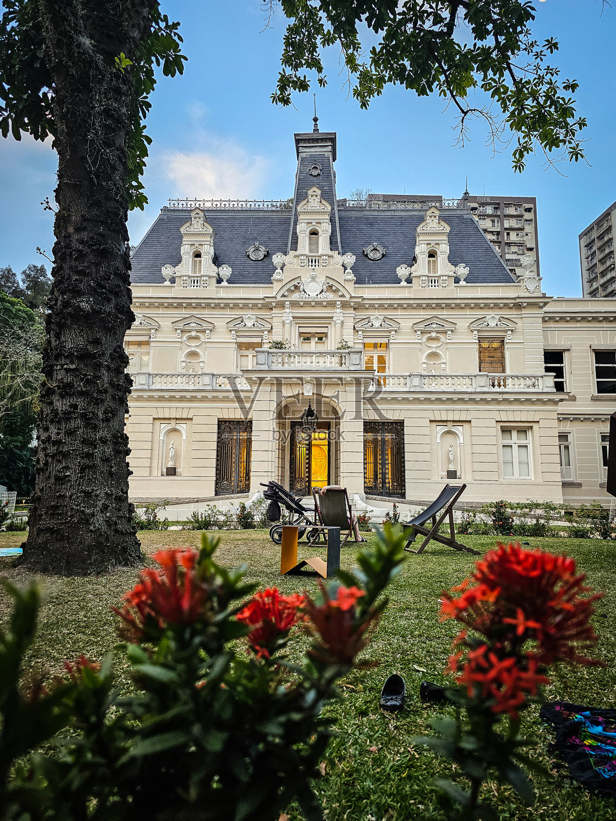 巴西里约热内卢博塔福戈的Casa Firjan历史大厦，前景中有鲜花照片摄影图片