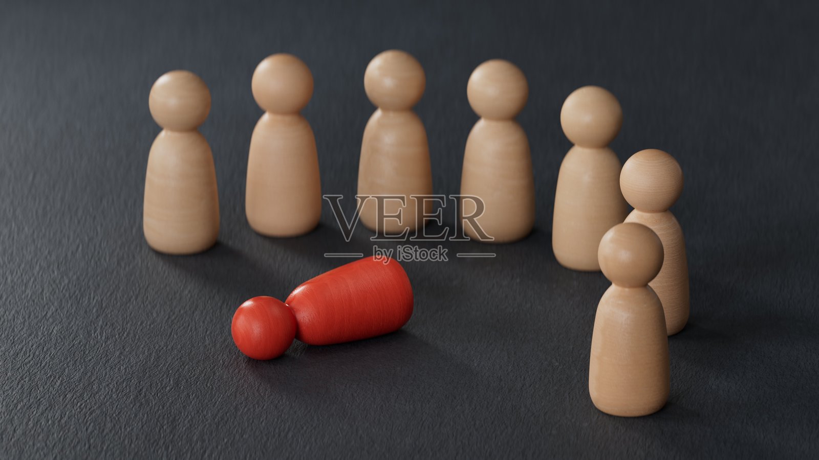 红色木偶人偶放在地上。裁员、失业和解雇他人的概念。黑色背景上的3D渲染。照片摄影图片