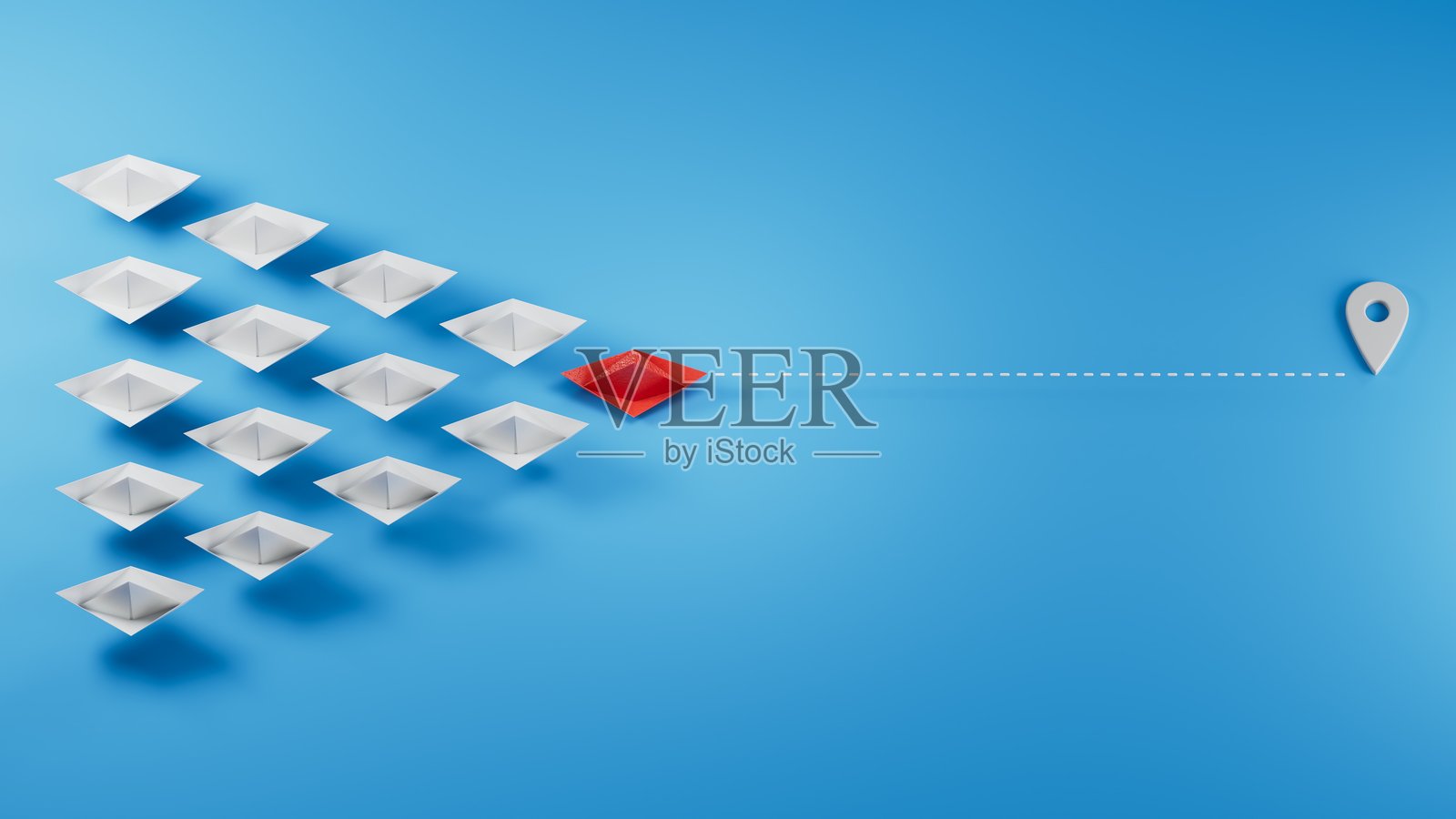 团队领导者概念。商业激励领导者的船只隐喻。纸船在蓝色背景下一起飞翔的3D插图。3D渲染。照片摄影图片