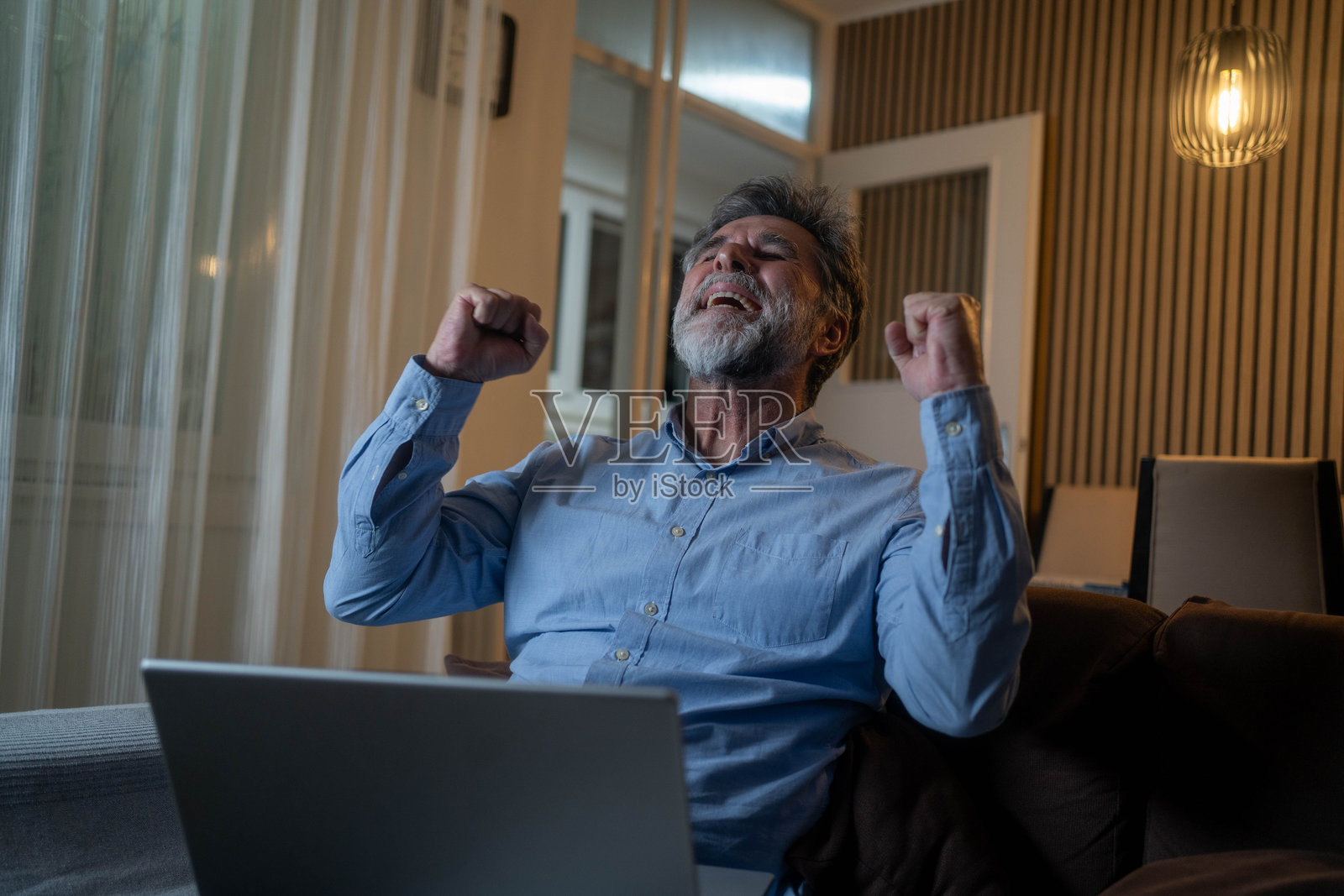 兴奋的成熟男性在家中沙发上使用笔记本电脑照片摄影图片