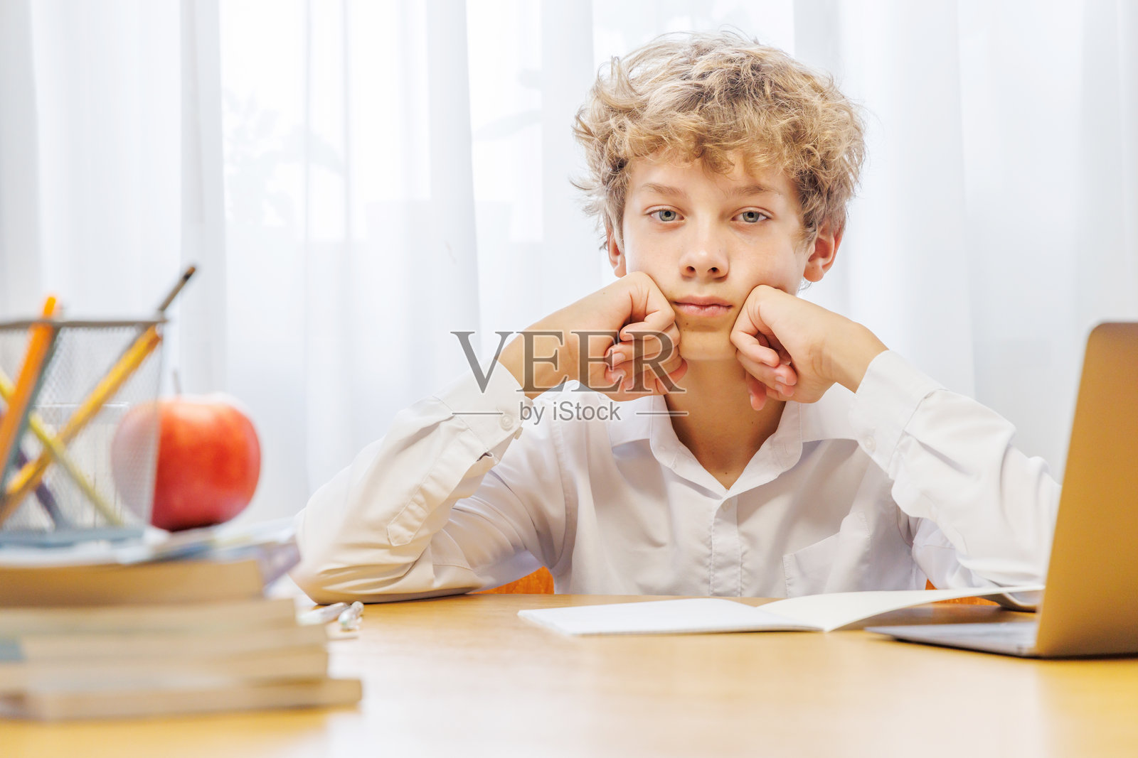 在家用笔记本电脑、笔记本和学习材料学习的学生照片摄影图片