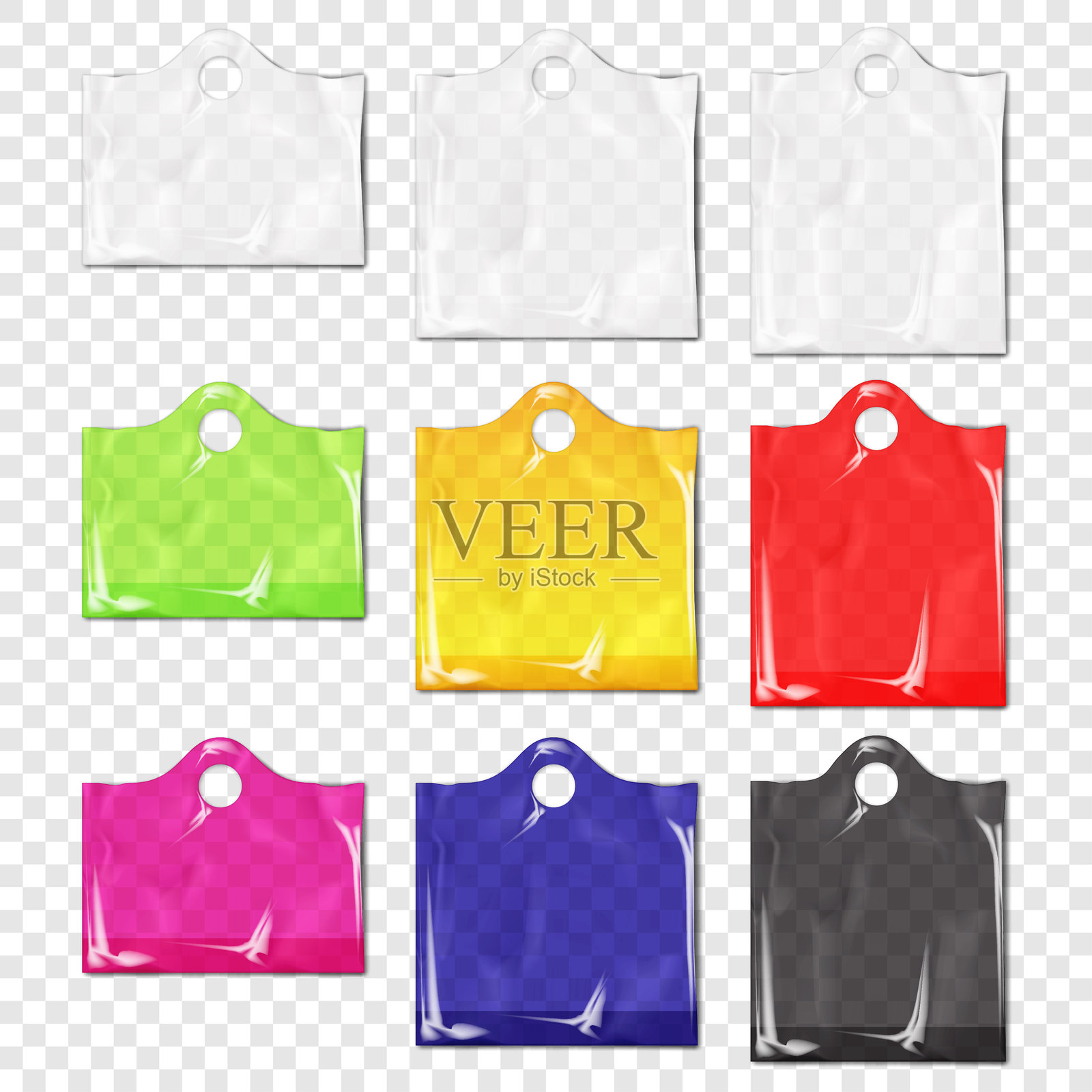 带有圆形切割手柄的透明塑料袋。逼真的矢量模型。白色、黑色、彩色。易于编辑。切割圆形手柄购物袋。模型。聚乙烯透明包装。模板套件。插画图片素材