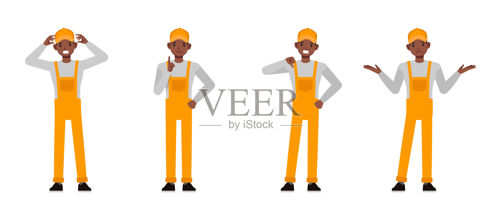 一般维护和修理服务角色矢量插图设计集。男性表达负面情绪，如愤怒、悲伤、沮丧和失落。插画图片素材