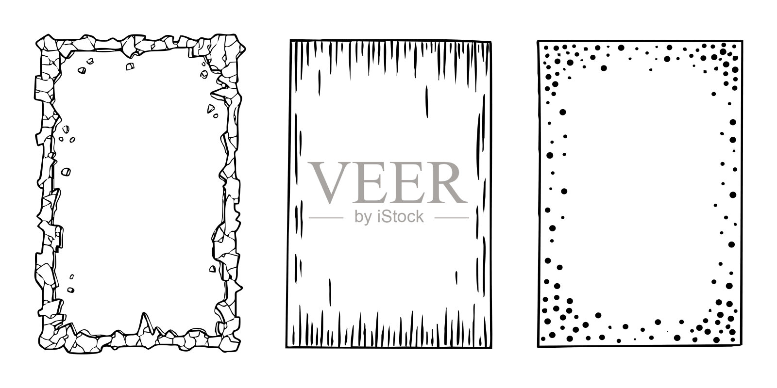一组手绘边框，带有破碎的玻璃、划痕线条和点状纹理。适用于图像、文本突出、海报、邀请函和创意设计项目的矢量图形背景。插画图片素材
