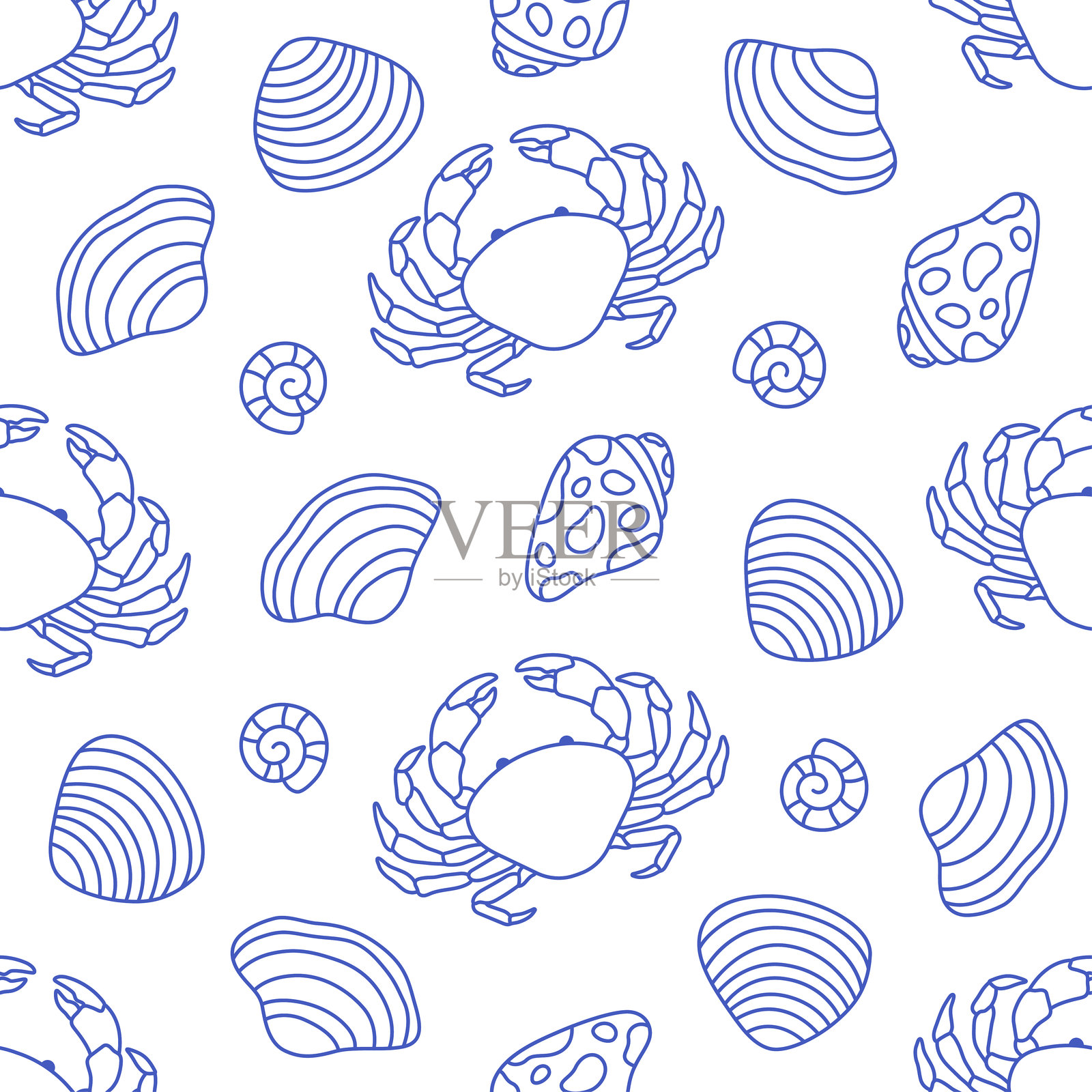 可爱手绘涂鸦螃蟹和贝壳的无缝图案。夏季假期无缝图案。适用于横幅、壁纸、包装纸和背景的设计。平面风格的矢量插图。插画图片素材