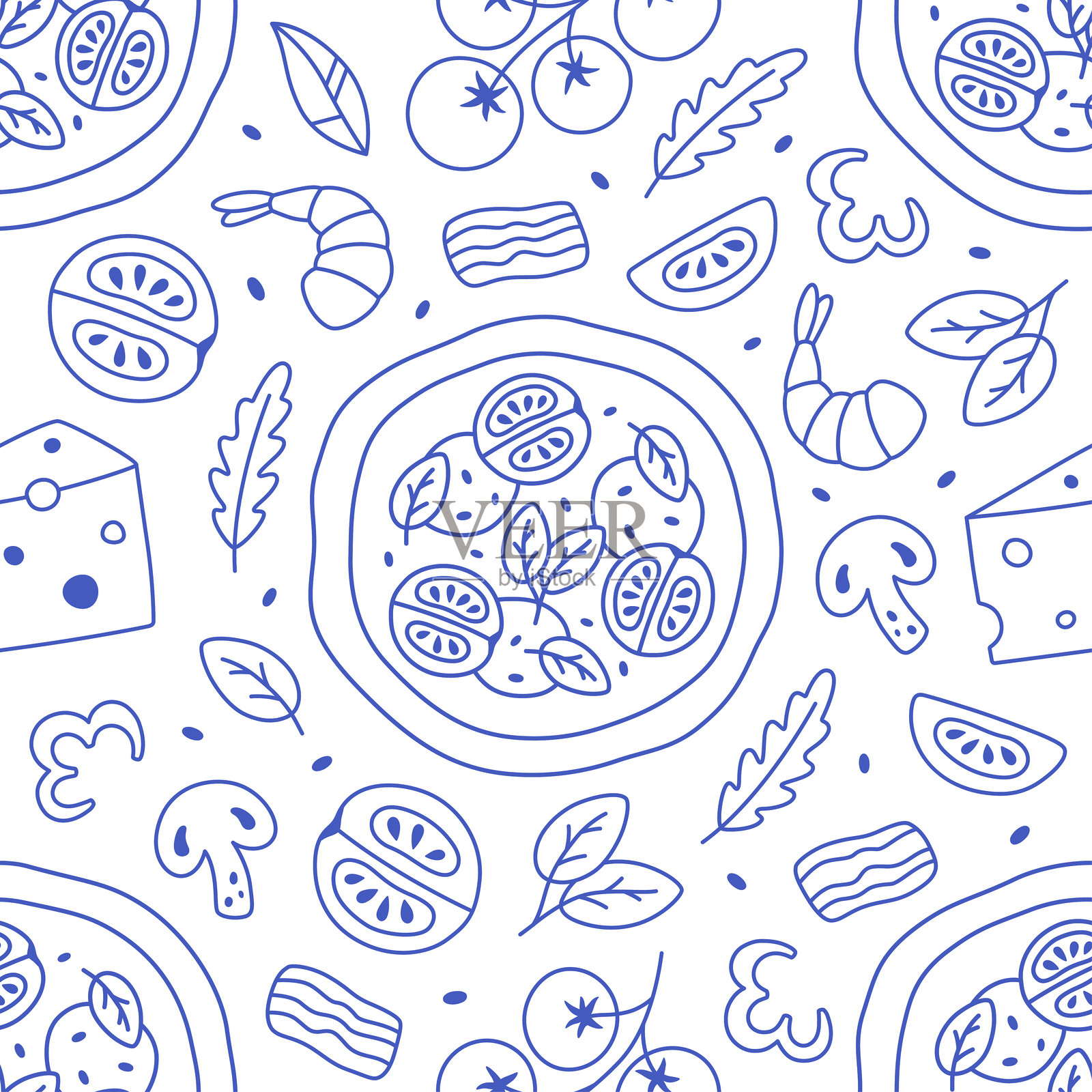 手绘意大利披萨的无缝图案。适用于横幅、壁纸、包装纸、背景、卡片、海报和菜单的设计。平面风格的矢量插图。插画图片素材