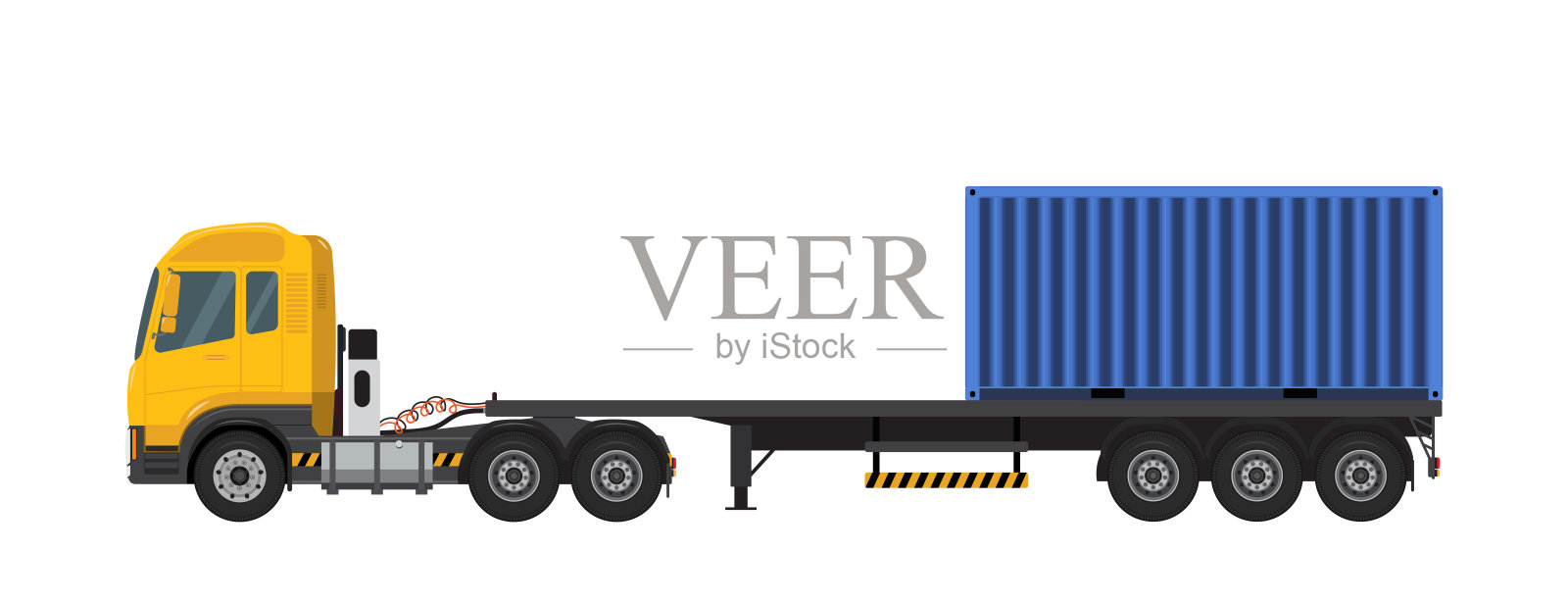 黄色卡车模板，带有独立的蓝色集装箱，背景为白色。插画图片素材