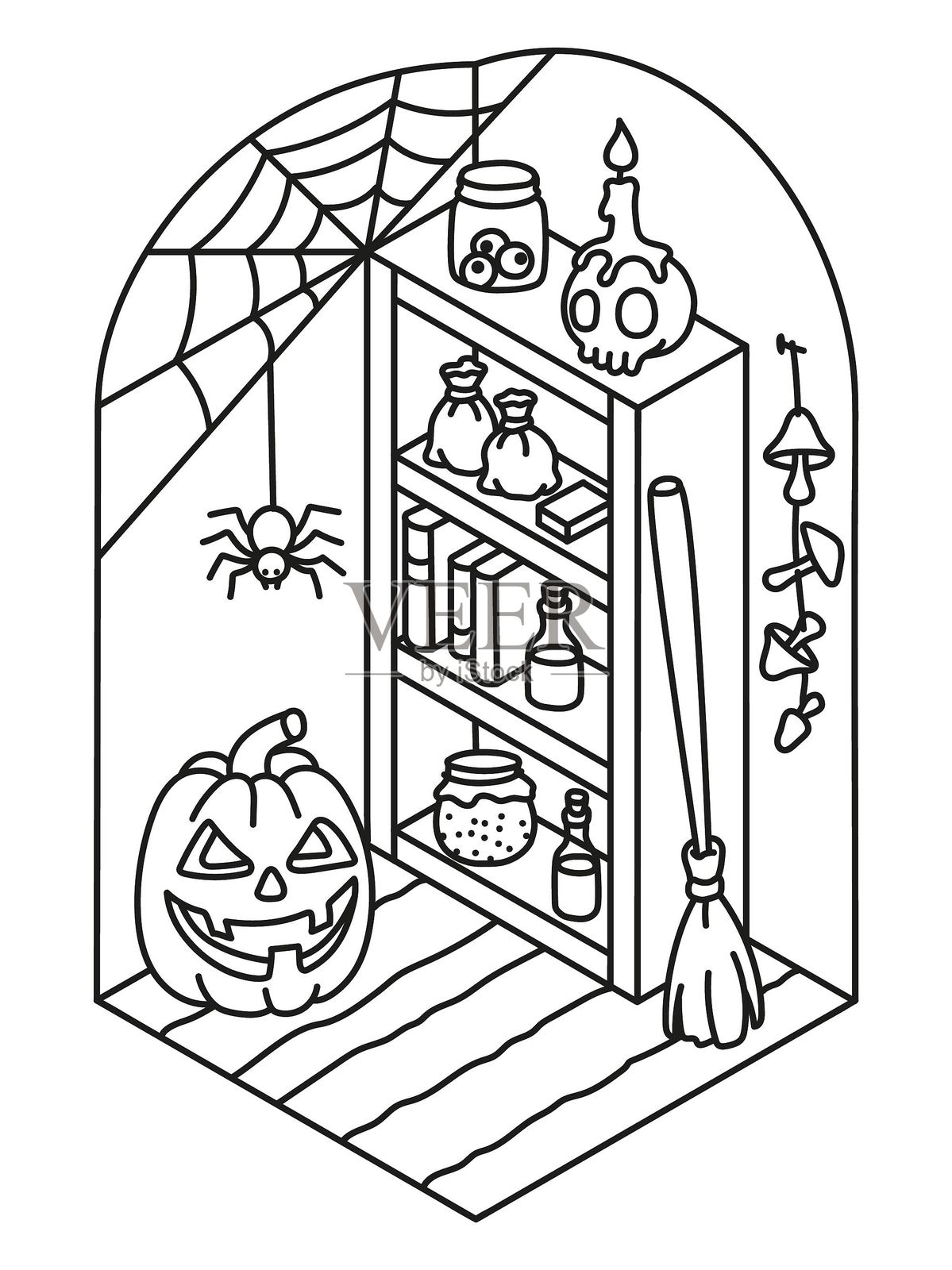 万圣节。女巫的房间。儿童涂色页。可爱的恐怖角落。插画图片素材
