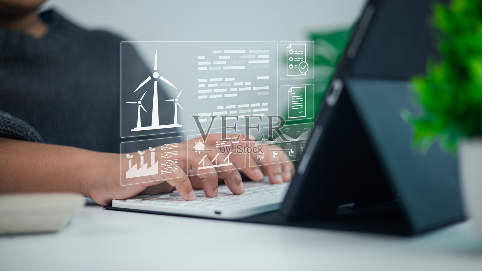 可再生能源与绿色技术概念，包含风力涡轮机和可持续性数据照片摄影图片