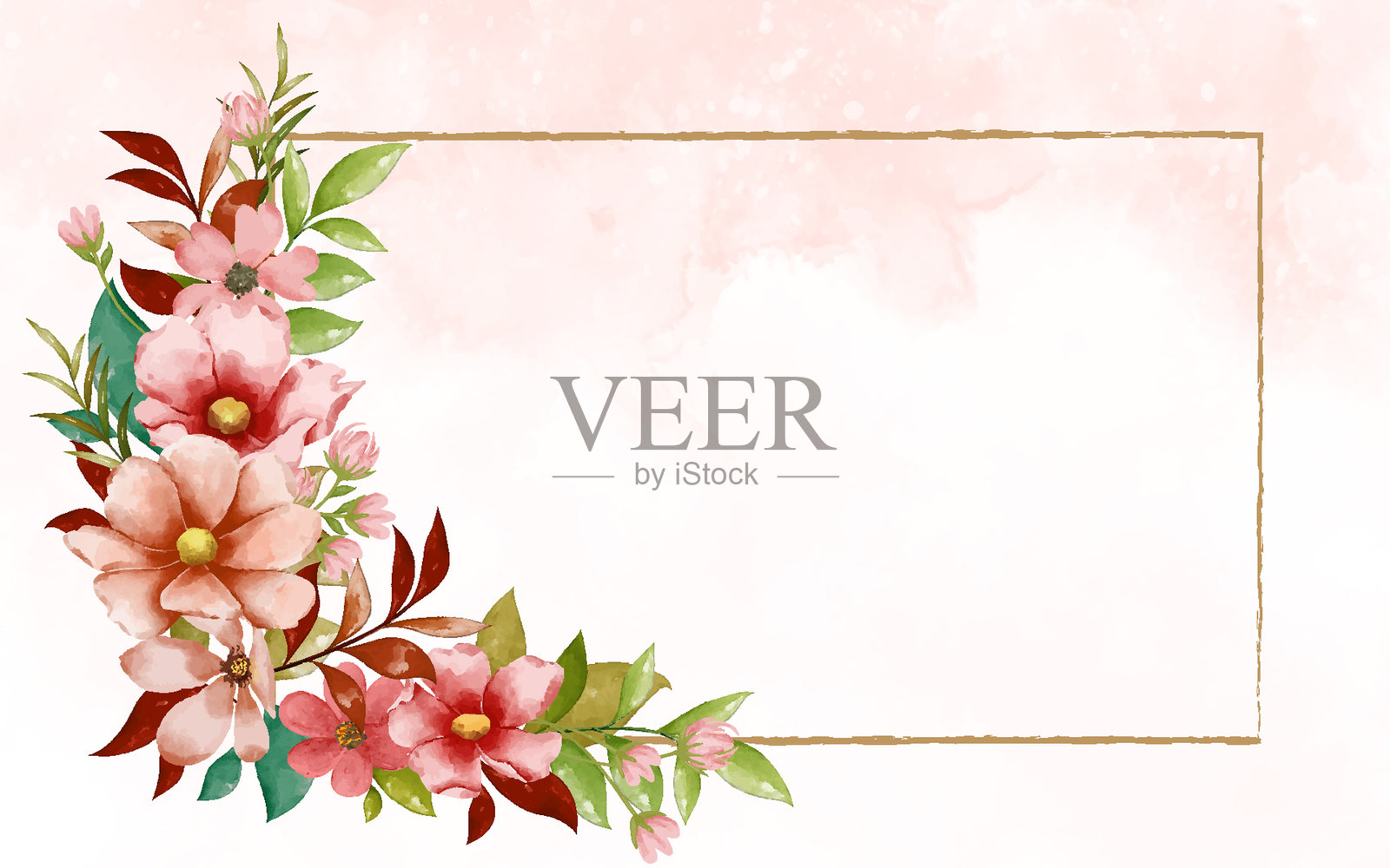 优雅的水彩花卉角落，配有金色边框，背景为柔和色调插画图片素材