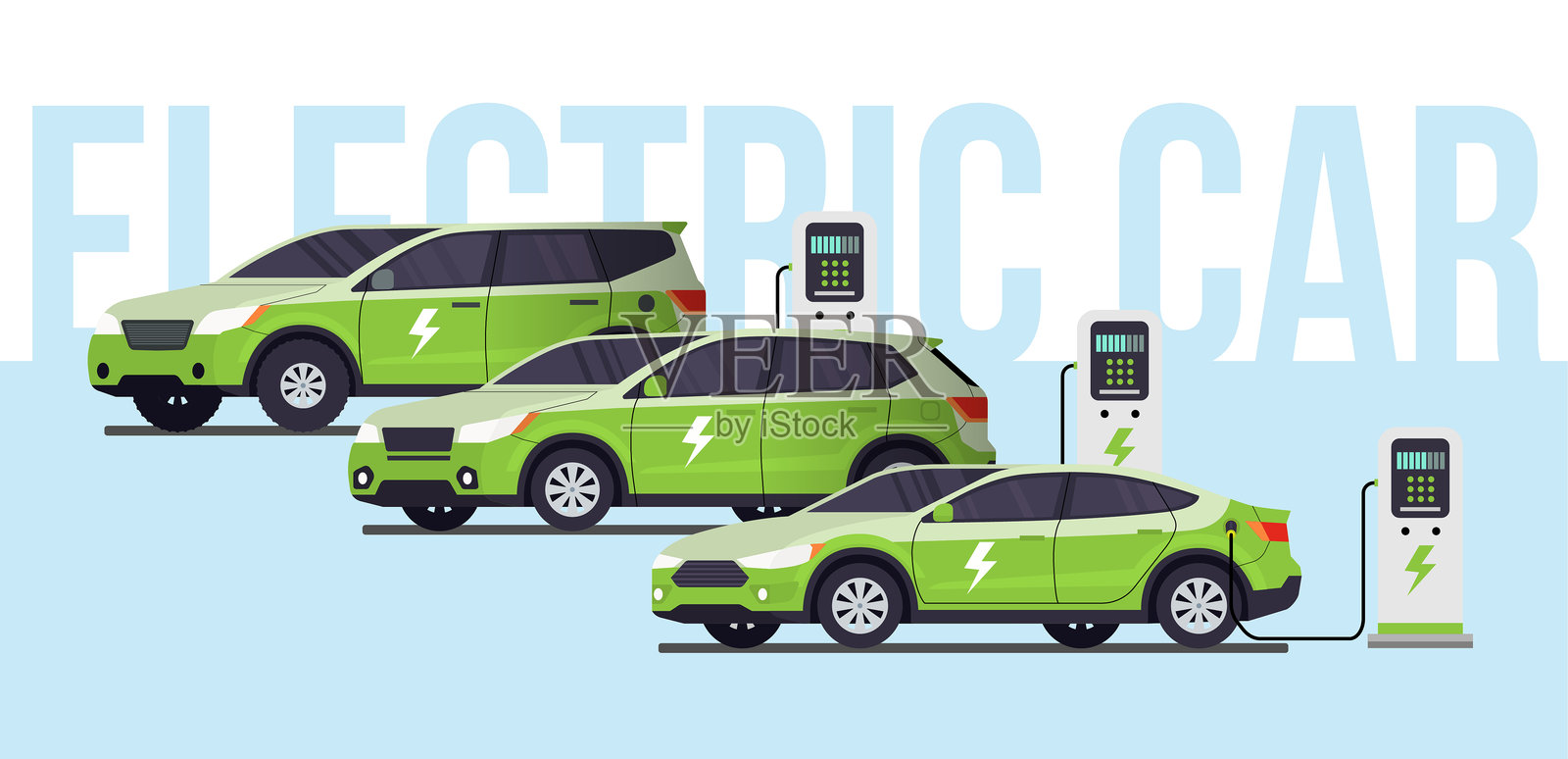电动汽车在充电站充电。清洁能源交通插图插画图片素材