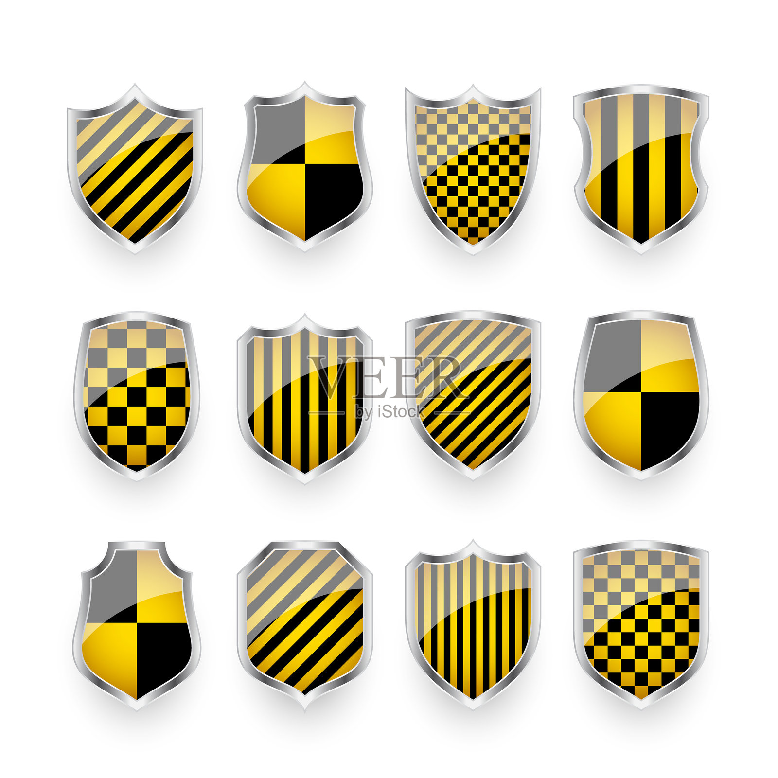 光滑的盾牌，带有黄色和黑色图案。安全与保护概念。网络安全图标，互联网隐私，网络防御，数字数据保护和防病毒主题。矢量插图插画图片素材