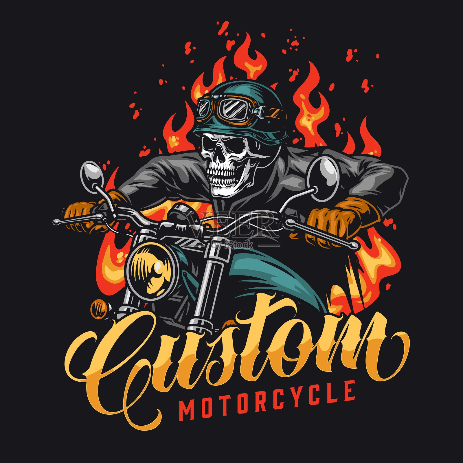 骑着定制摩托车的骑士与火焰背景插画图片素材