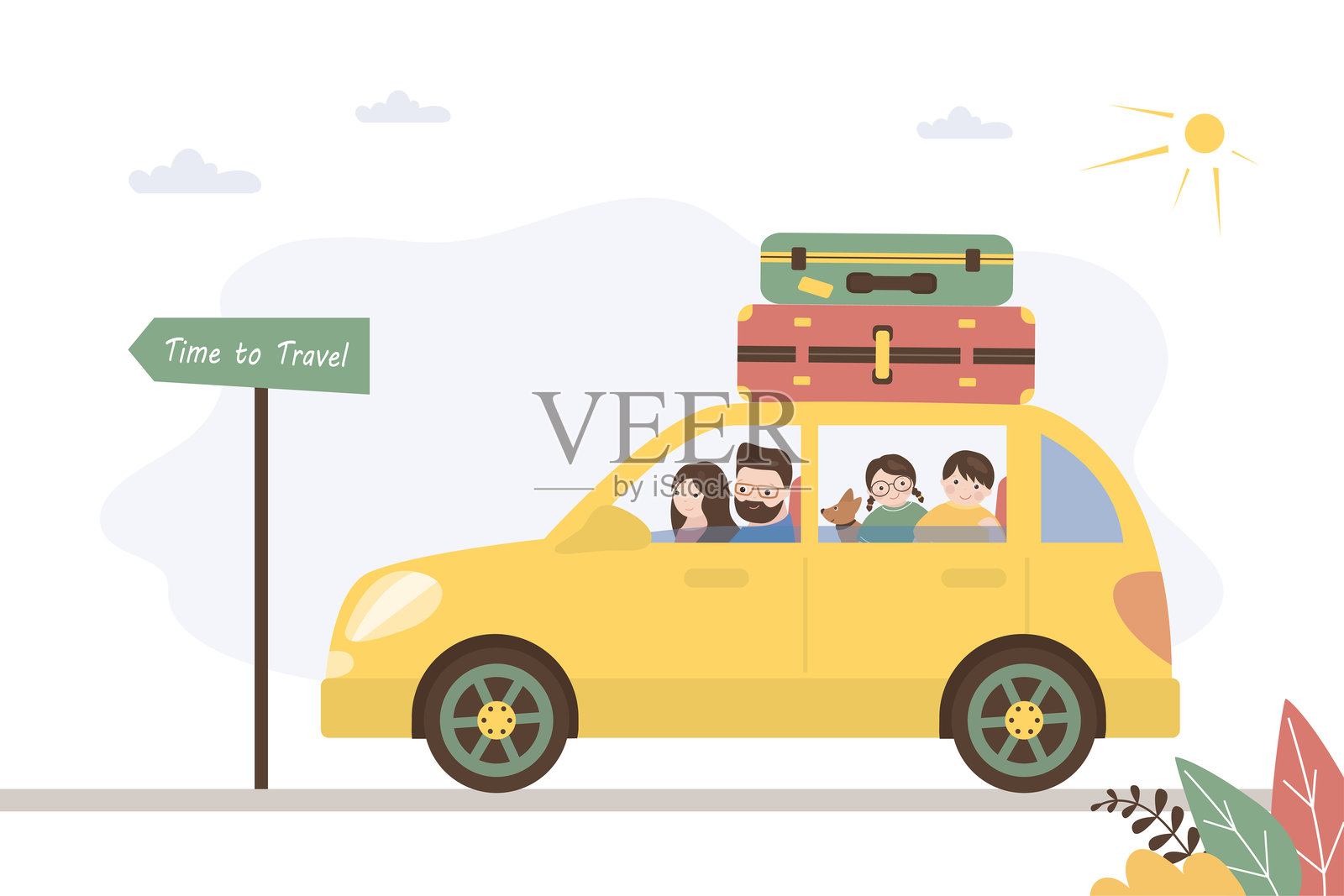 快乐的家庭在高速公路上开始旅行。车上装着行李。夏季自驾游。父母和两个孩子在度假。插画图片素材