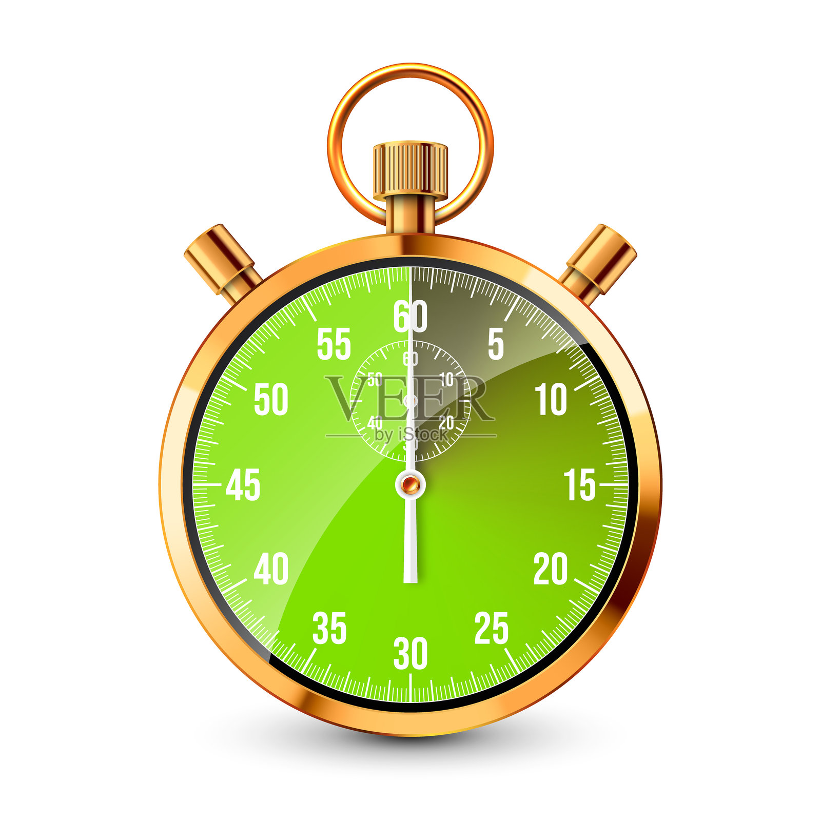 逼真的经典秒表。闪亮的金属计时器，带有表盘的时间计数器。绿色倒计时器显示分钟和秒。用于体育的时间测量，开始，结束。矢量插图插画图片素材
