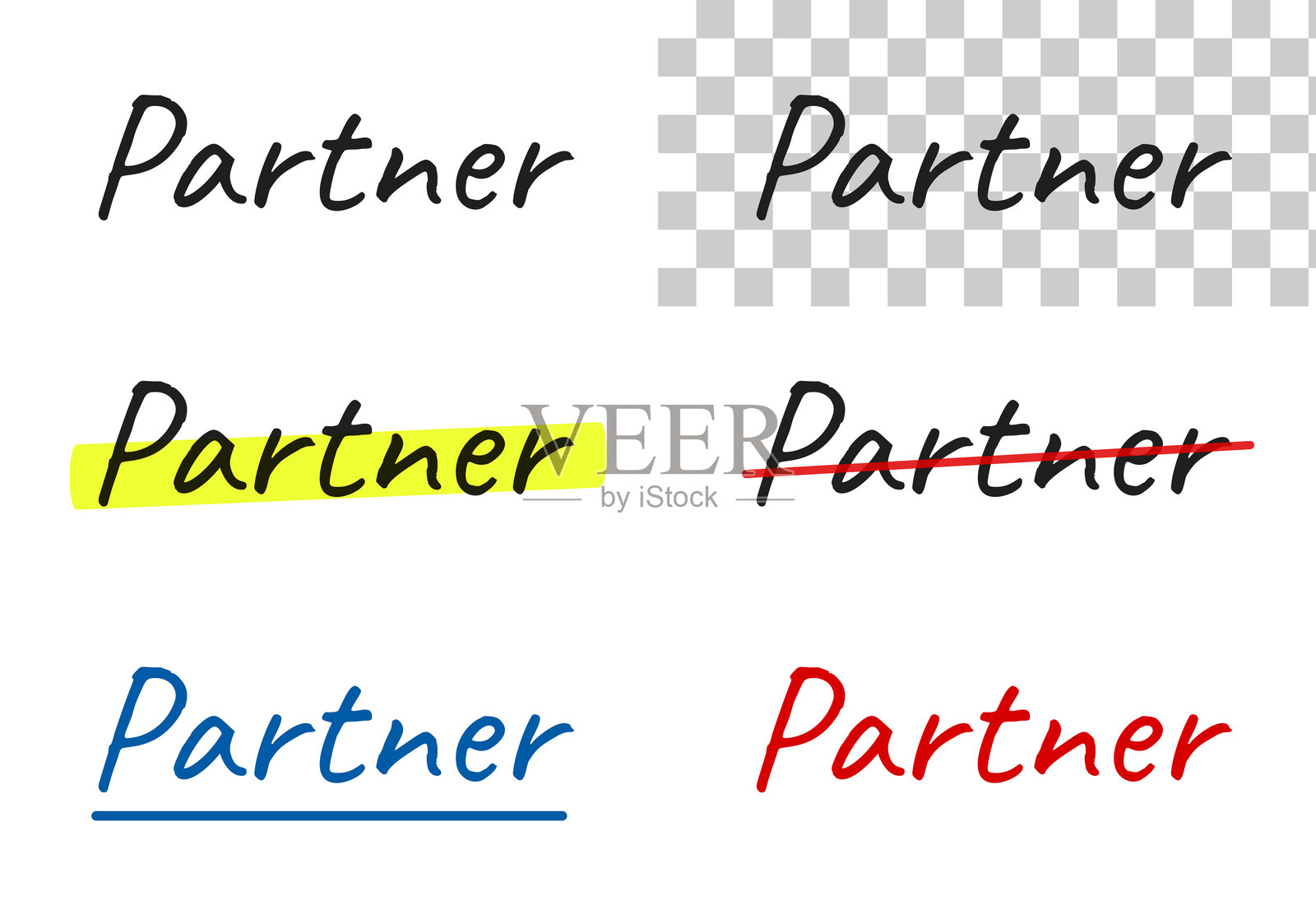 合作伙伴 - 手写文本，突出显示，划掉，带下划线，背景为空白插画图片素材