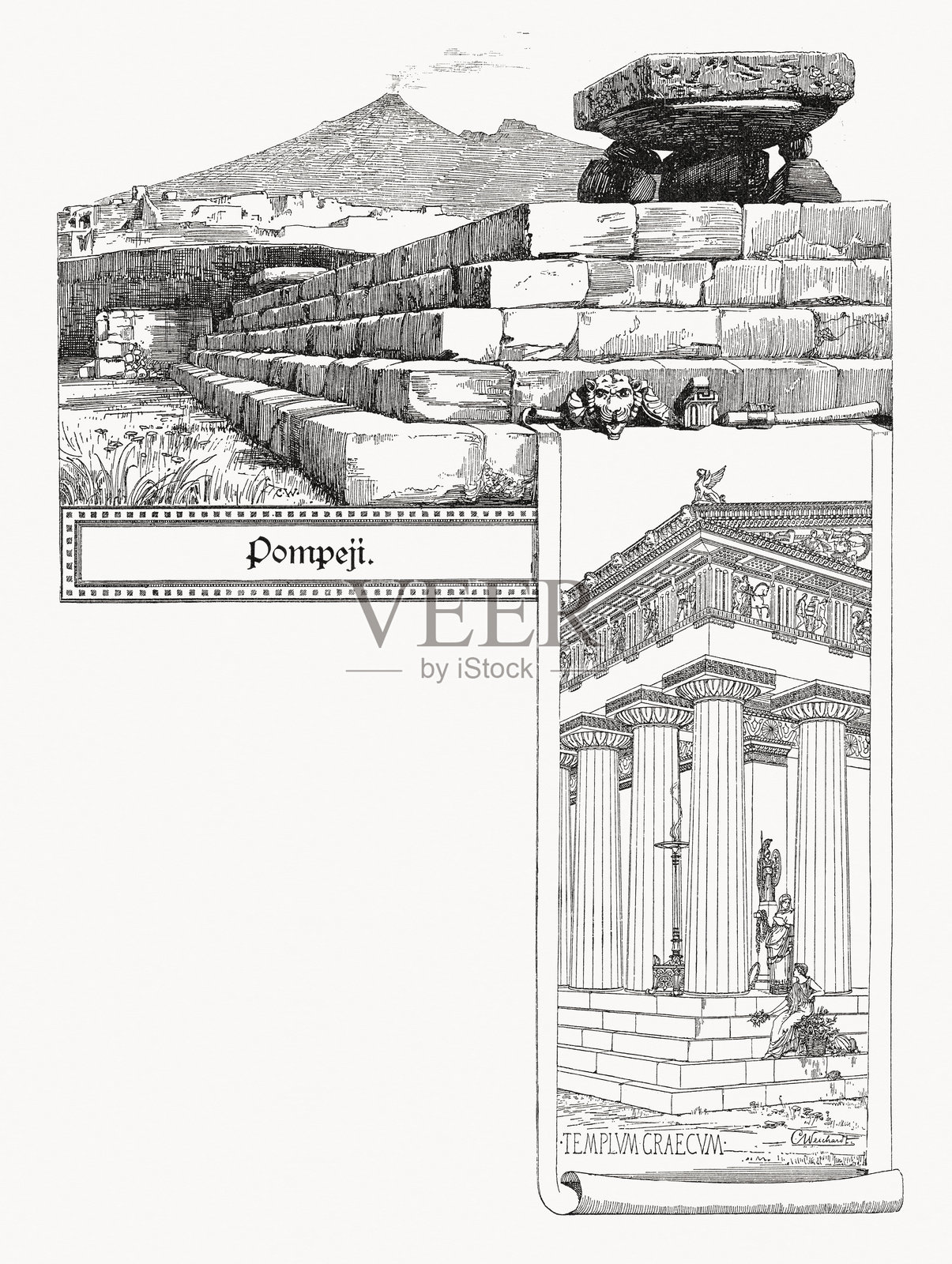 庞贝的多利克神庙，木刻版画，出版于1897年插画图片素材