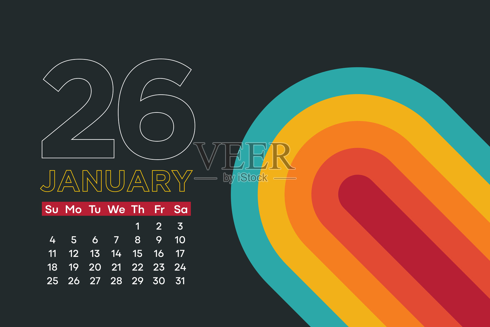 2026年1月日历。2026年日历。2026年计划表，2026年挂历，周日开始的一周。矢量插图。插画图片素材