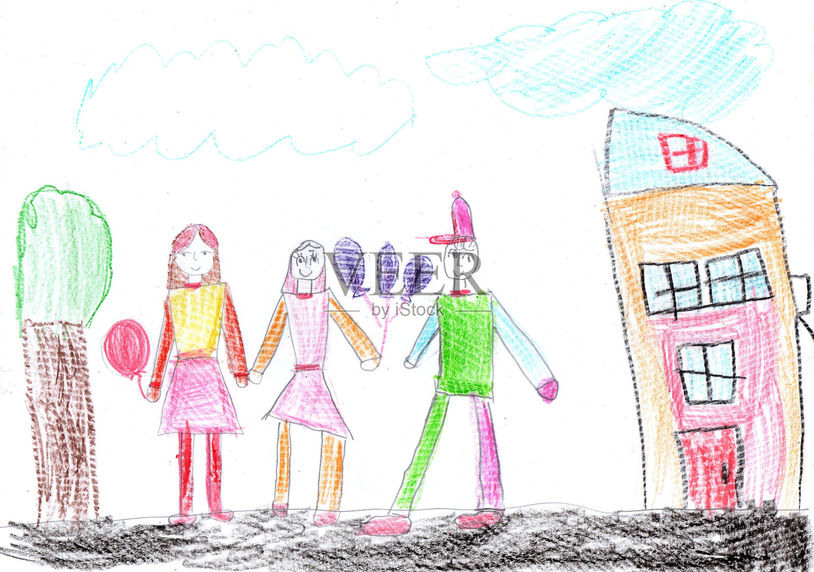 孩子画的一家人在户外快乐散步插画图片素材