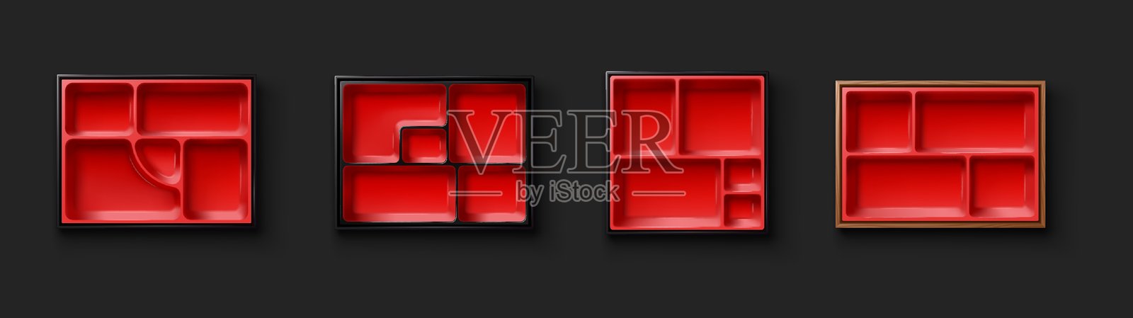 黑色背景上的一组红色便当盒插画图片素材