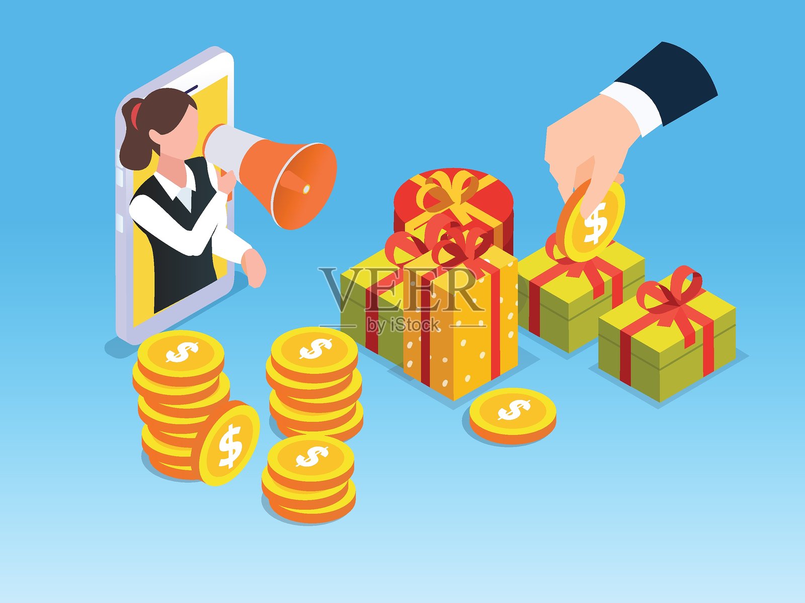 扬声器宣布客户奖励，在线营销与电子商务，促销与忠诚计划。3D矢量插图插画图片素材