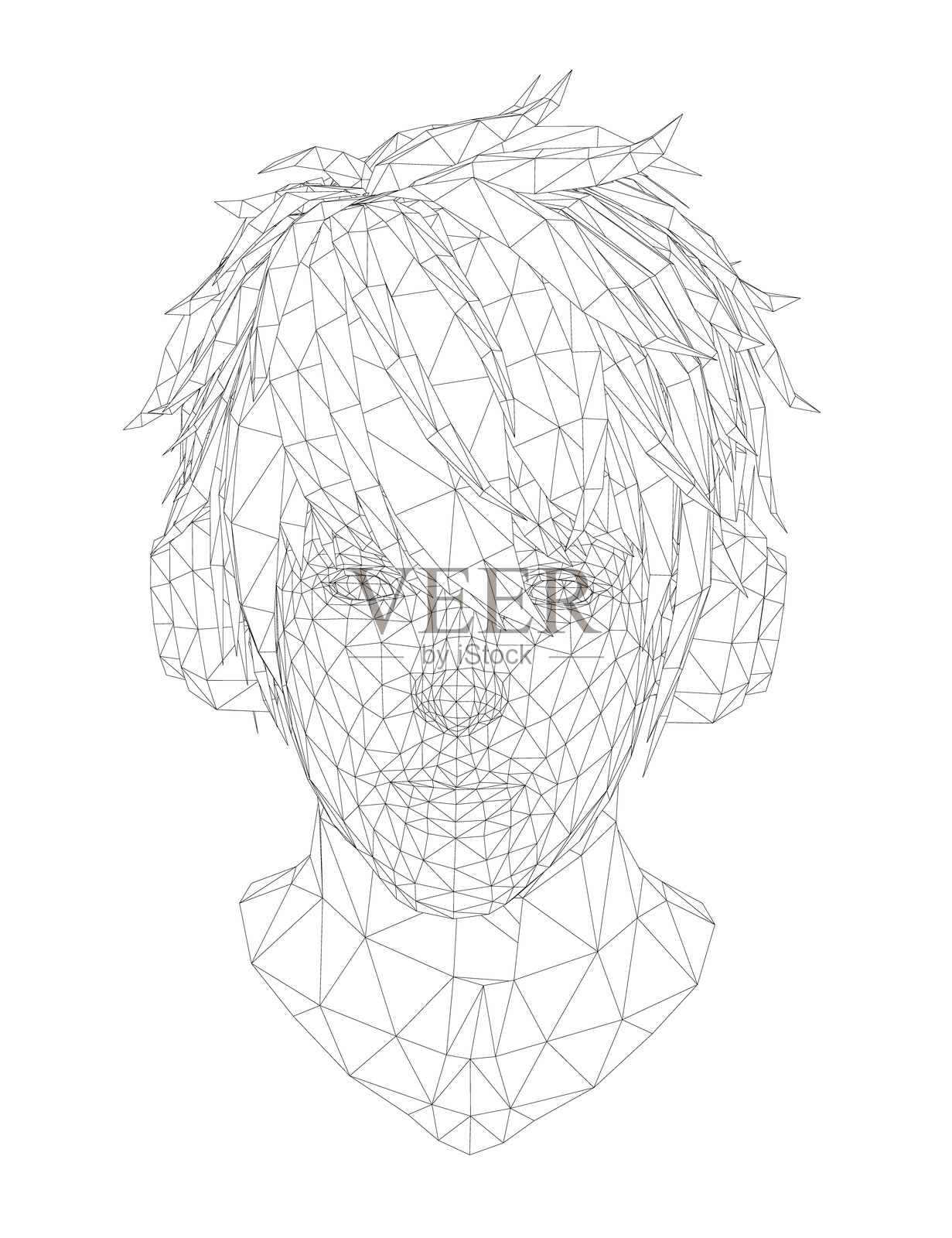 一个年轻男子的头部与几何线框三角形和耳机结合，形成了一个多边形肖像。插画图片素材