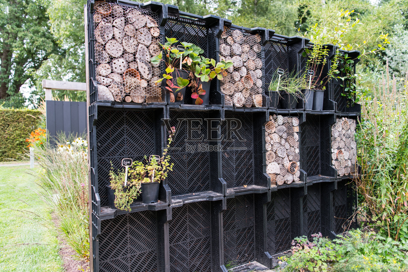 由黑色箱子和木柴建造的昆虫旅馆照片摄影图片