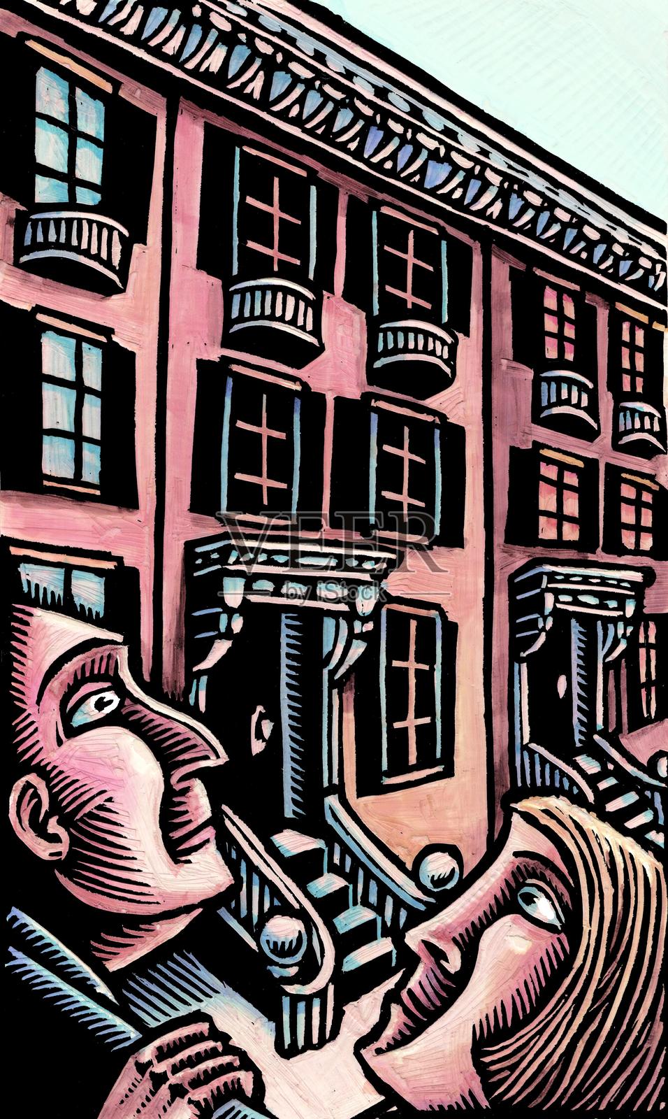 快乐的情侣在前景中注视着一栋类似于纽约布鲁克林或巴尔的摩的联排别墅。插画图片素材