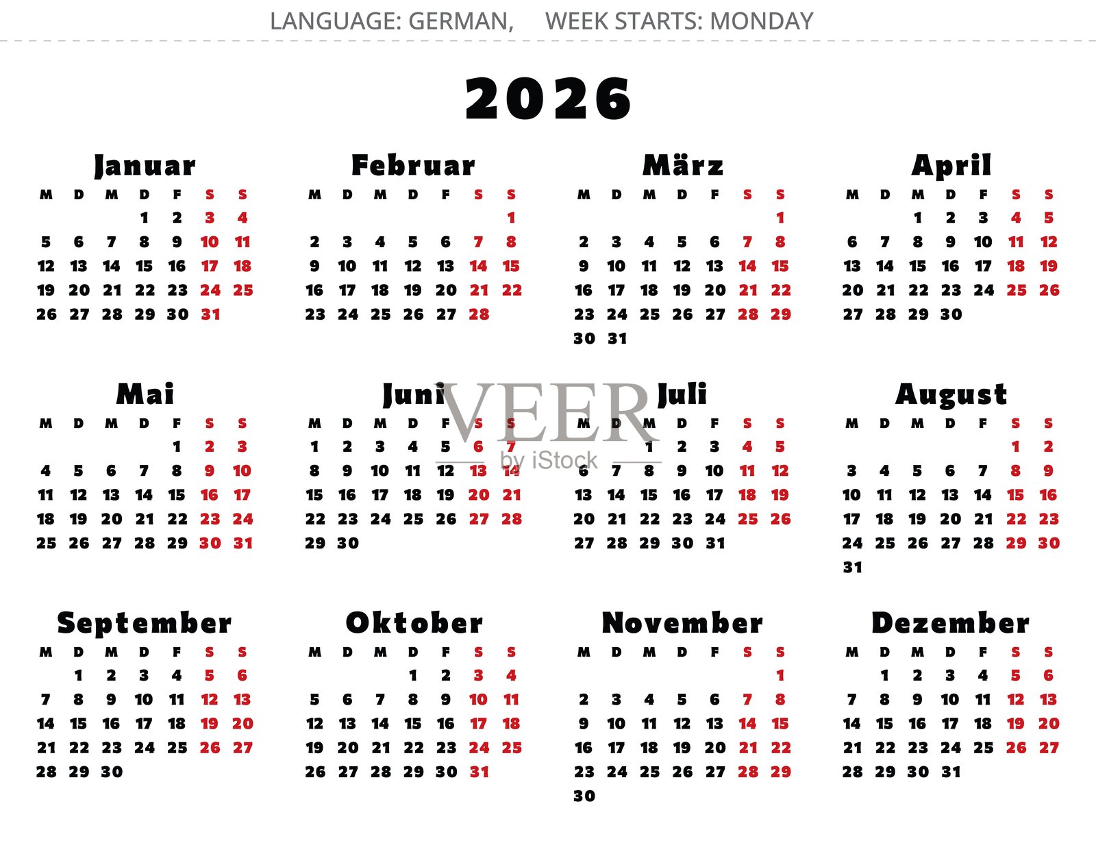 2026年德国日历，采用粗体字体。德国矢量年份插图。插画图片素材