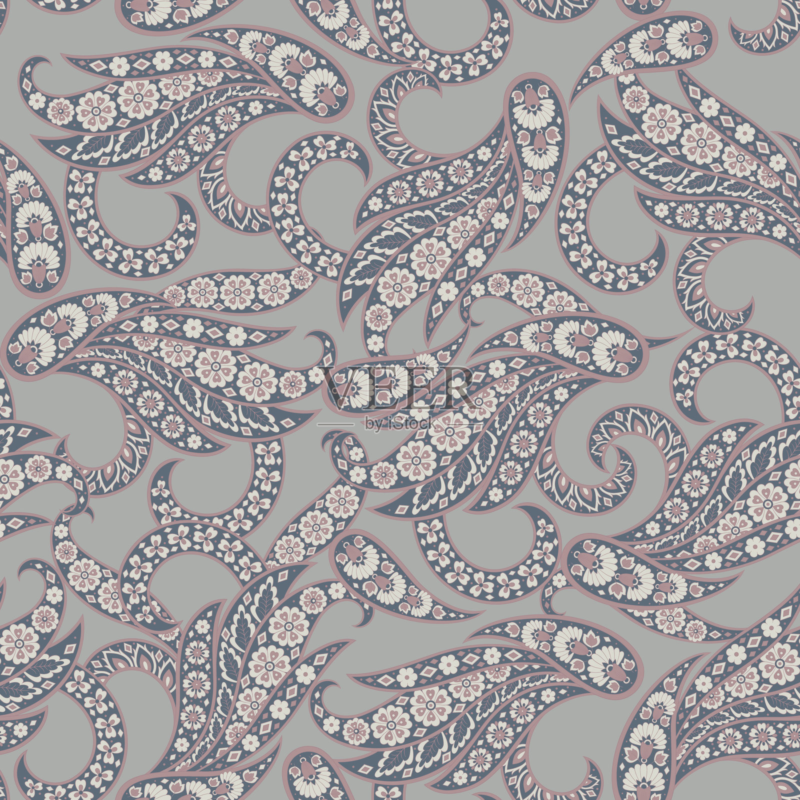 佩斯利花卉东方民族图案。无缝矢量装饰。达玛斯克织物图案插画图片素材